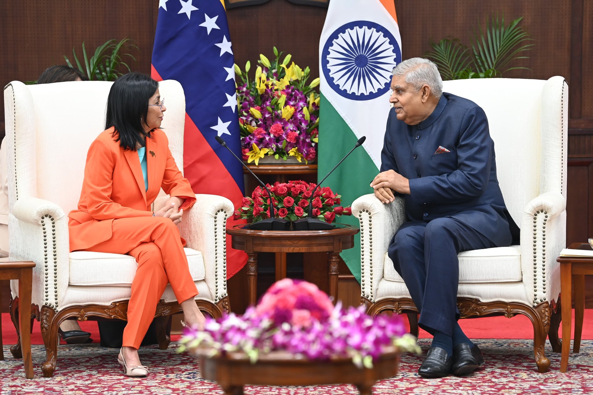 H.E. Executive Vice President of Venezuela, Ms. Delcy Rodríguez called on the Vice-President, Shri Jagdeep Dhankhar at Vice-President's Enclave in New Delhi on October 25, 2024.