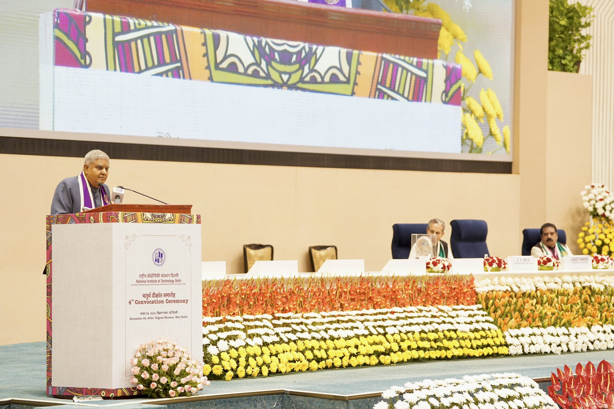 The Vice-President, Shri Jagdeep Dhankhar addressing the 4th Convocation Ceremony of National Institute of Technology Delhi at Vigyan Bhawan in New Delhi on November 9, 2024. 