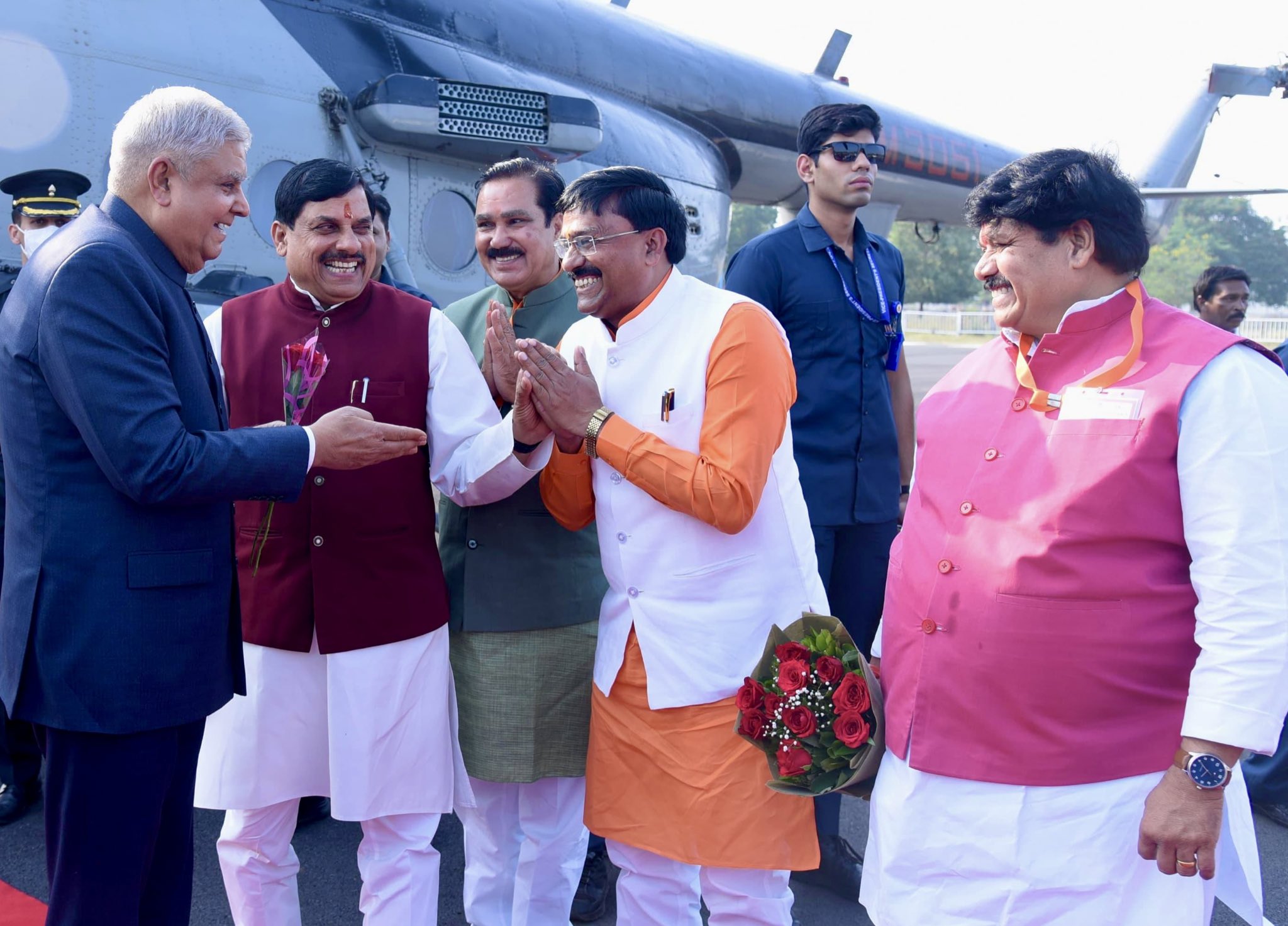 The Vice-President, Shri Jagdeep Dhankhar being welcomed by the Governor of Madhya Pradesh, Shri Mangubhai Patel, Chief Minister of Madhya Pradesh, Dr Mohan Yadav, Minister, Government of Madhya Pradesh, Shri Gautam Tetwal and other dignitaries on his arrival in Ujjain, Madhya Pradesh on November 12, 2024. 