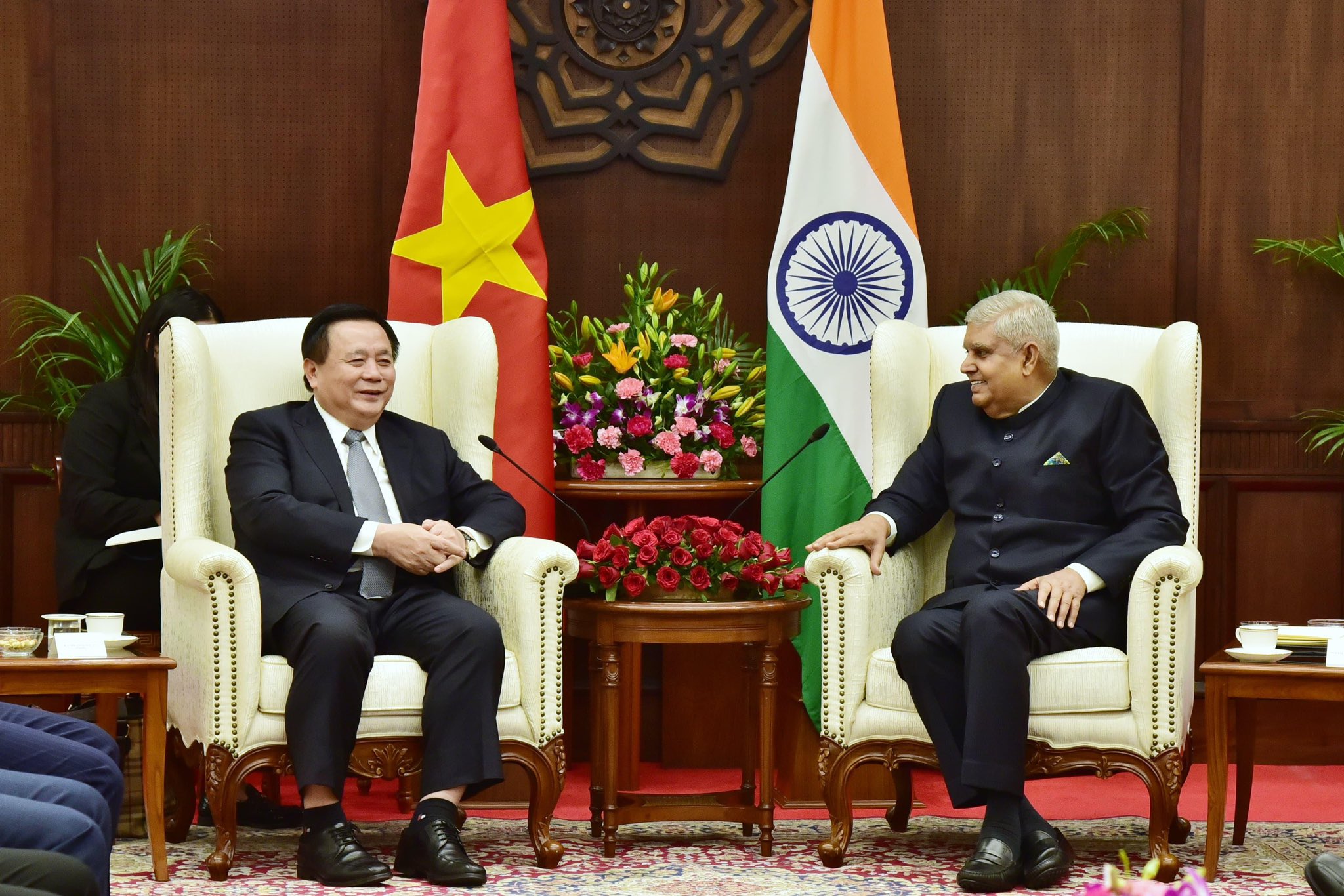 H.E. Prof. Dr. Nguyen Xuan Thang, Politburo Member of the Communist Party of Vietnam (CPV) called on the Vice-President of India, Shri Jagdeep Dhankhar at Vice-President's Enclave in New Delhi on November 13, 2024.