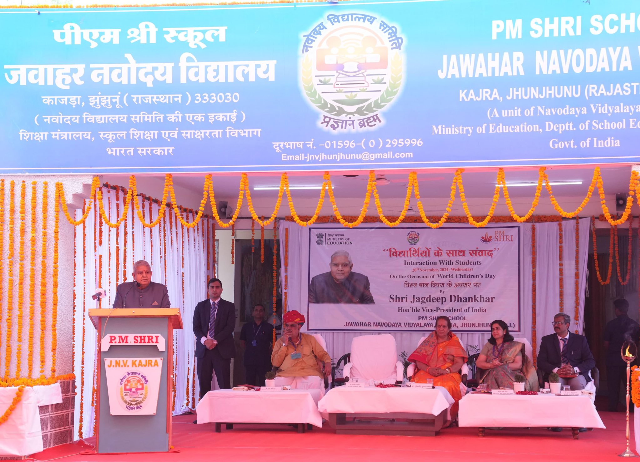 The Vice-President, Shri Jagdeep Dhankhar addressing the students and faculty members of Jawahar Navodaya Vidyalaya (JNV) at Kajra in Jhunjhunu, Rajasthan on November 20, 2024.