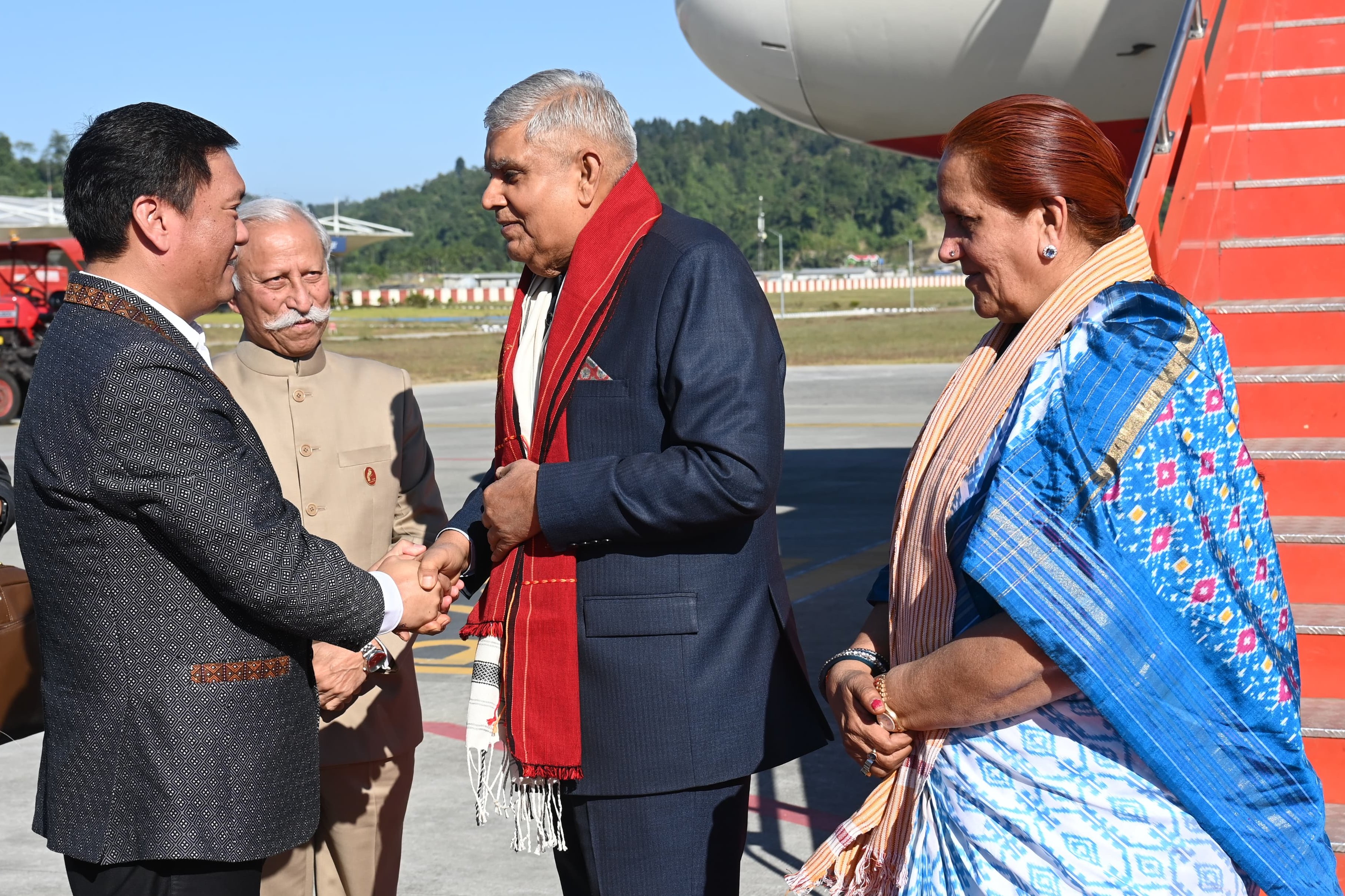 The Vice-President, Shri Jagdeep Dhankhar & Dr. Sudesh Dhankhar being welcomed by Governor of Arunachal Pradesh, Lt Gen Kaiwalya Trivikram Parnaik (Retd.), Chief Minister, Shri Pema Khandu, Deputy Chief Minister, Chowna Mein & other dignitaries on their arrival in Itanagar, Arunachal Pradesh on November 30, 2024.