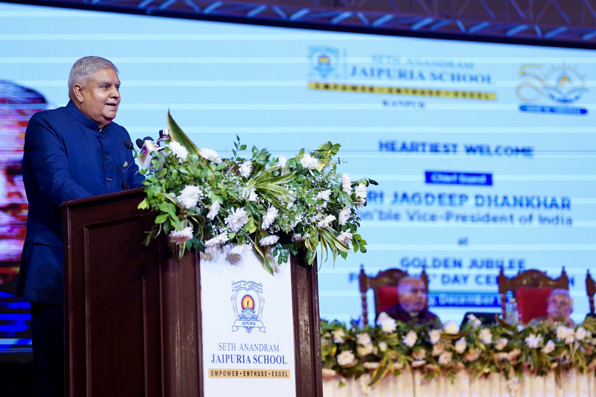 The Vice-President, Shri Jagdeep Dhankhar addressing the students and faculty members of Seth Anandram Jaipuria School in Kanpur, Uttar Pradesh on December 1, 2024.