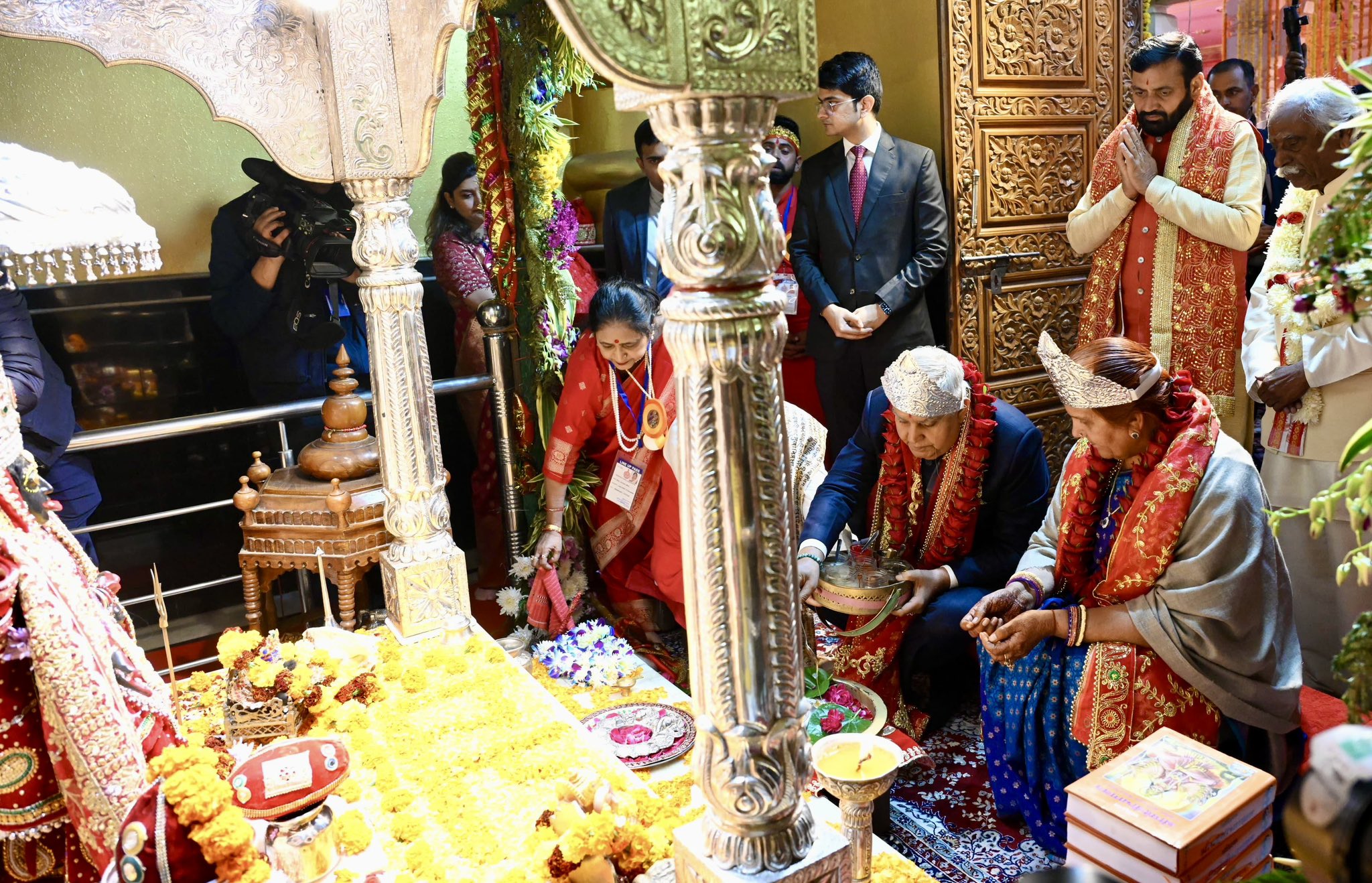 The Vice-President, Shri Jagdeep Dhankhar & Dr. Sudesh Dhankha at Shri Devikoop Bhadrakali Shaktipeeth Temple, Kurukshetra in Haryana on December 8, 2024.