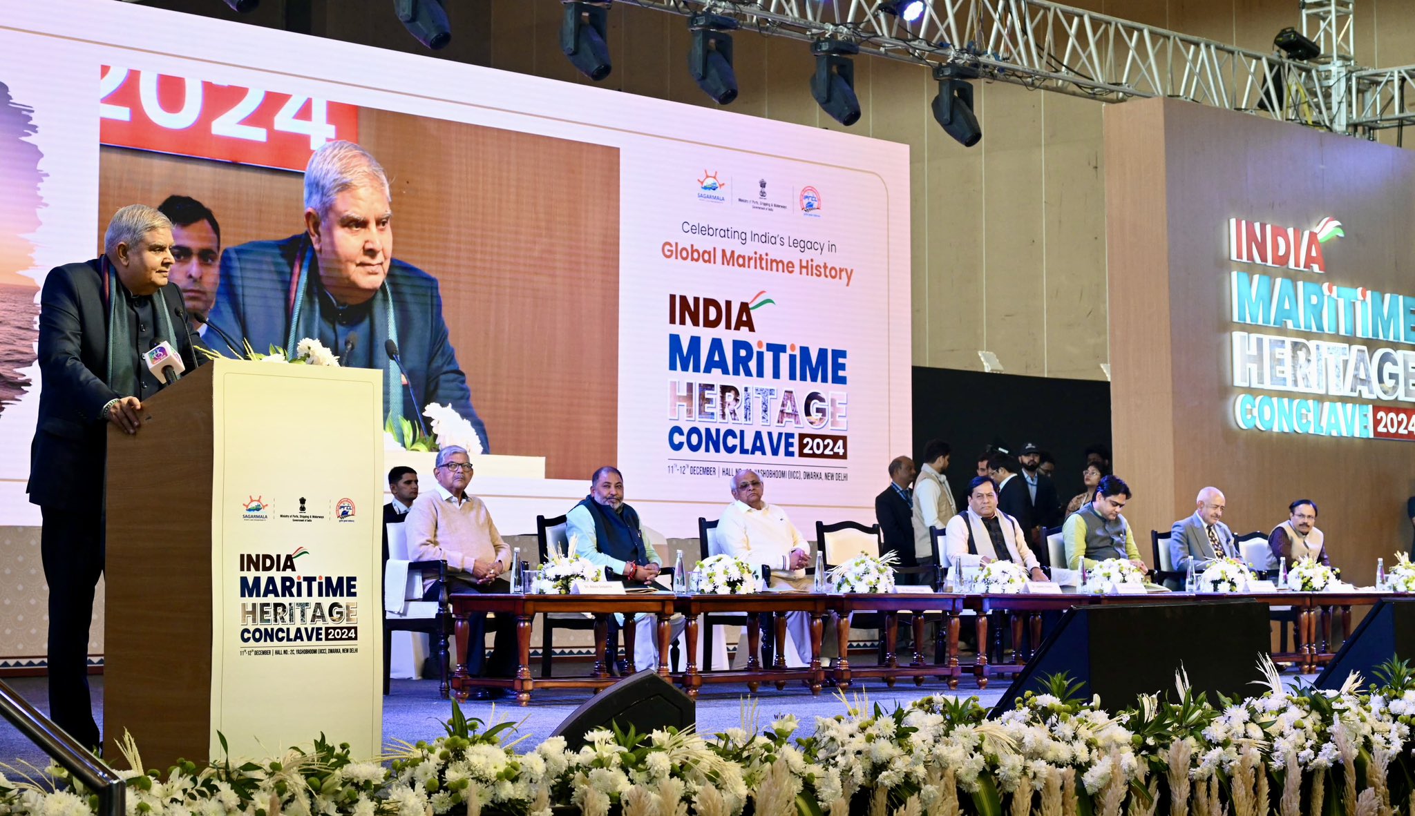 The Vice-President, Shri Jagdeep Dhankhar addressing the gathering at Inaugural Session of the 1st Indian Maritime Heritage Conclave at IICC Yashobhoomi in Dwarka, Delhi on December 11, 2024.