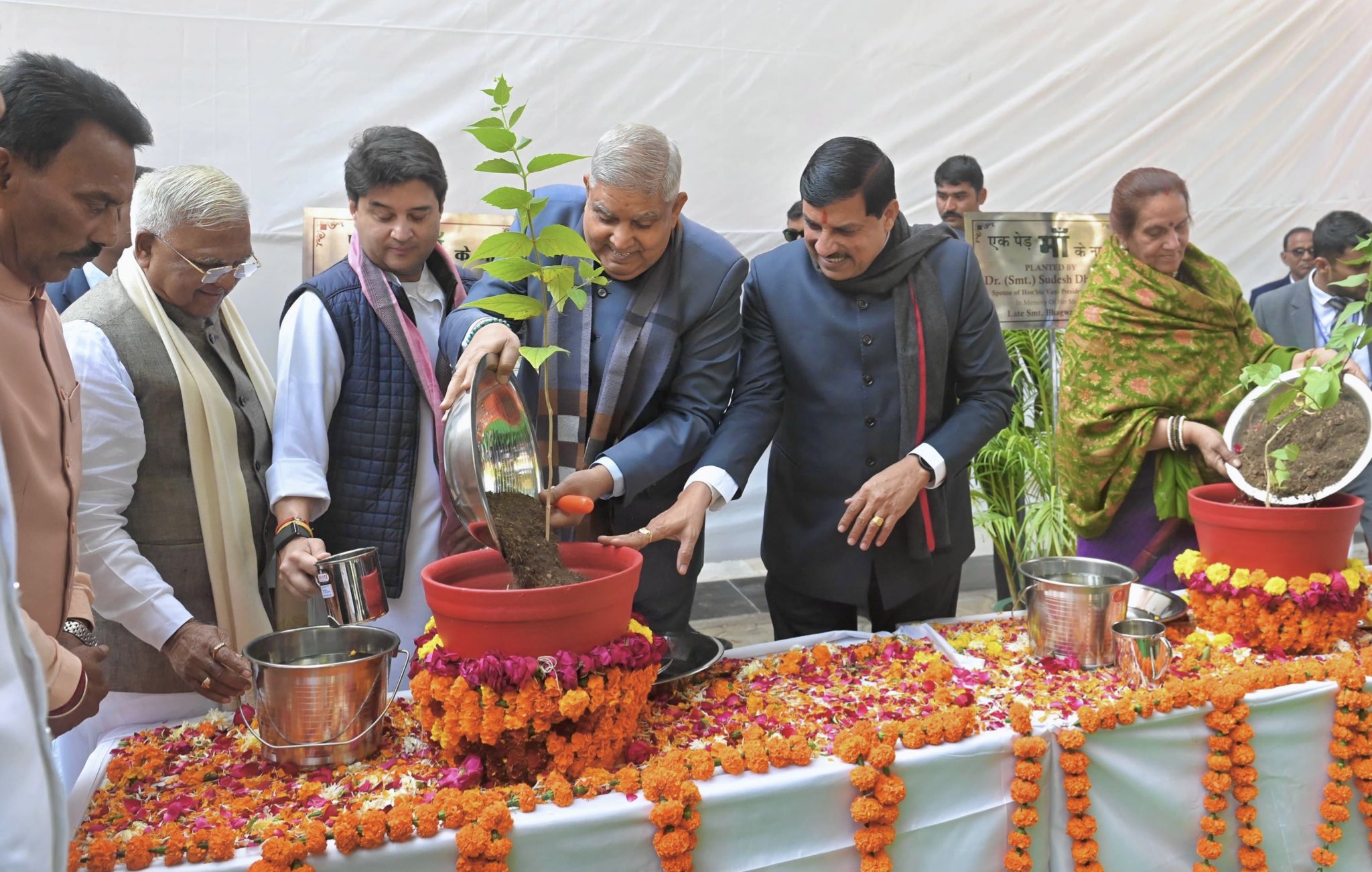 The Vice-President, Shri Jagdeep Dhankhar and Dr. Sudesh Dhankhar planting saplings on the premises of Jiwaji University, Gwalior, Madhya Pradesh on December 15, 2024.