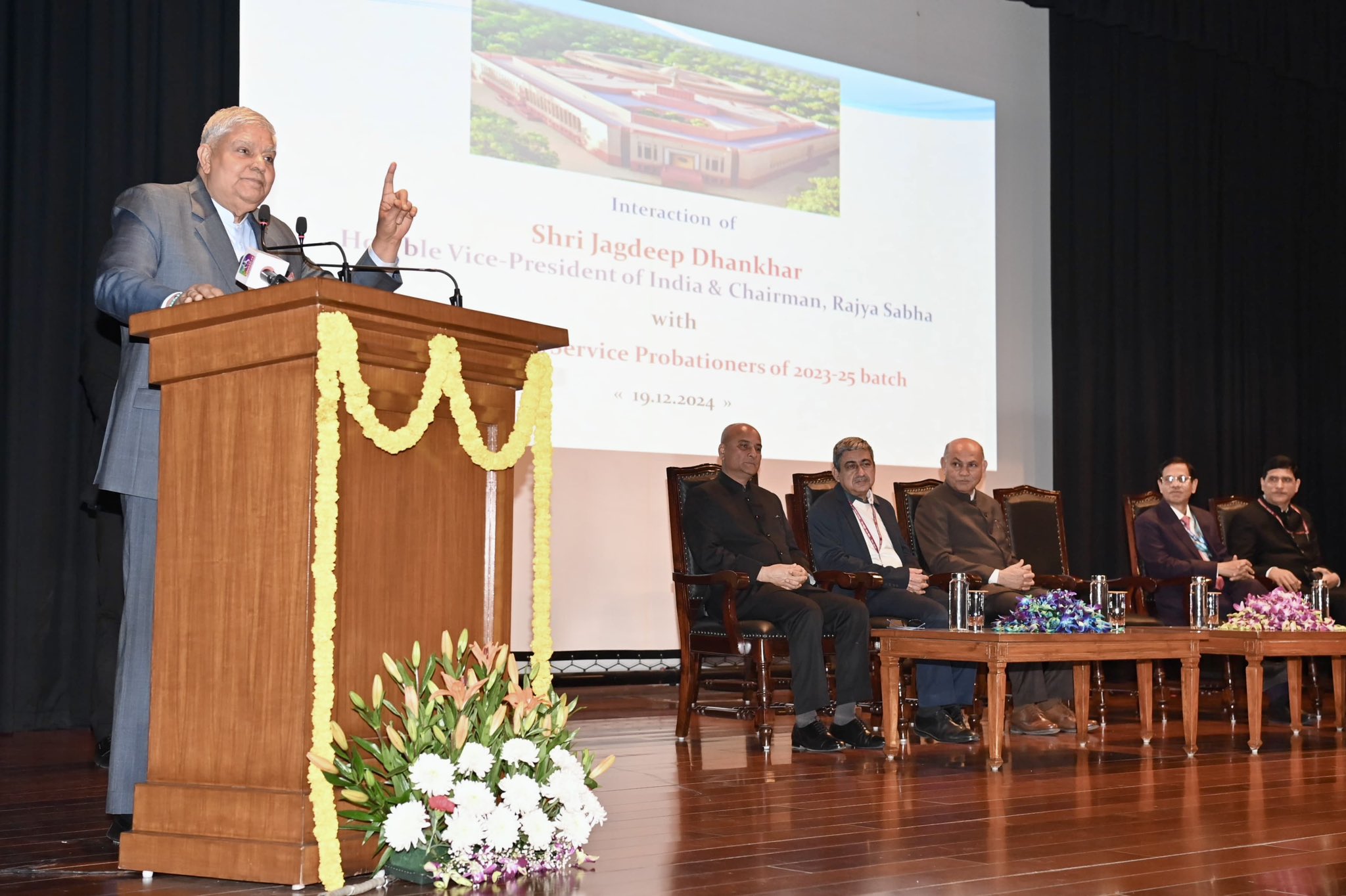 The Vice-President and Chairman, Rajya Sabha, Shri Jagdeep Dhankhar interacting with the Indian Forest Service Probationers in Parliament House Complex in New Delhi on December 19, 2024.