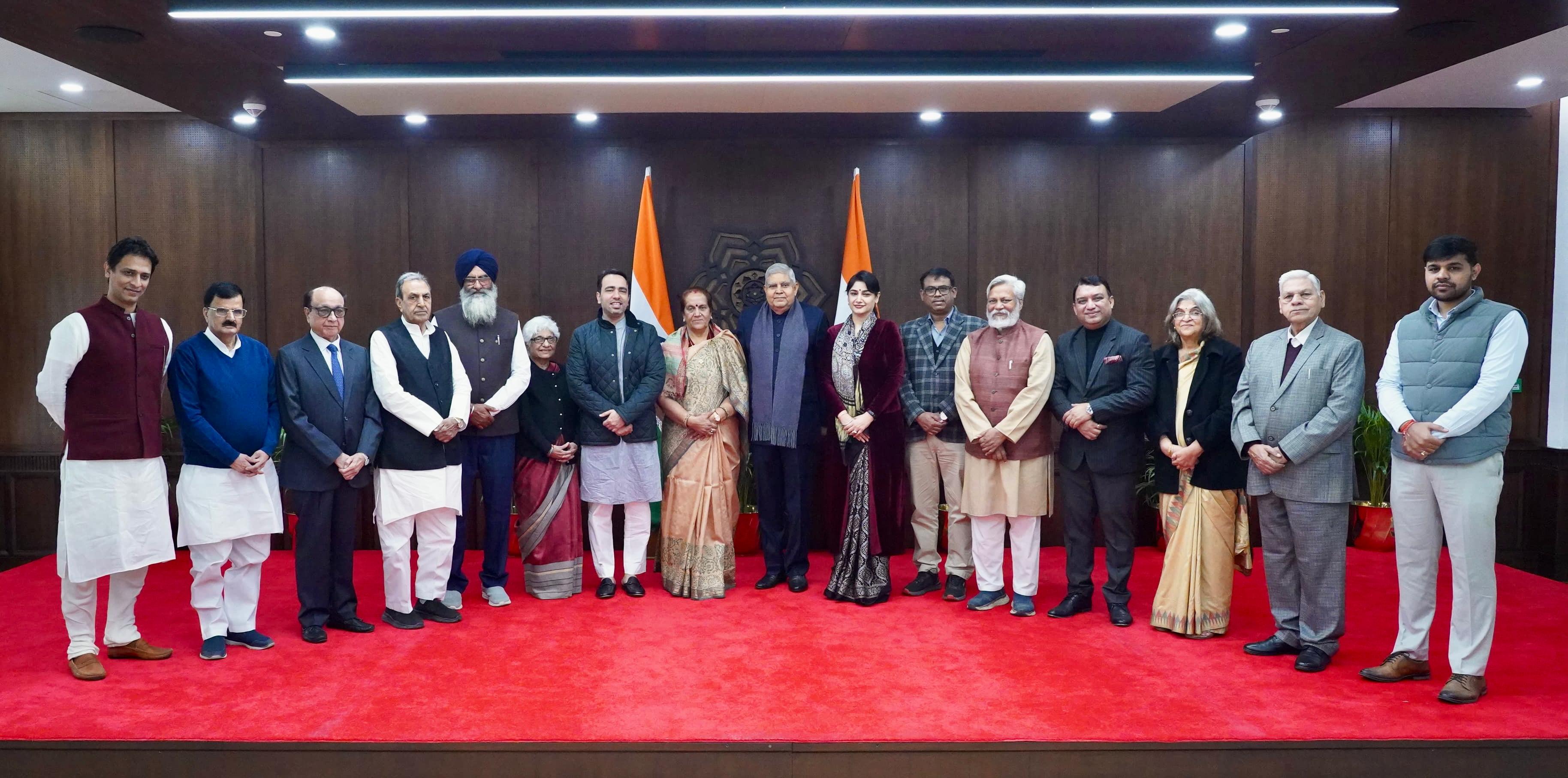 The Vice-President, Shri Jagdeep Dhankhar interacting with recipients of the Chaudhary Charan Singh Awards 2024 at Vice-President's Enclave in New Delhi on December 22, 2024.