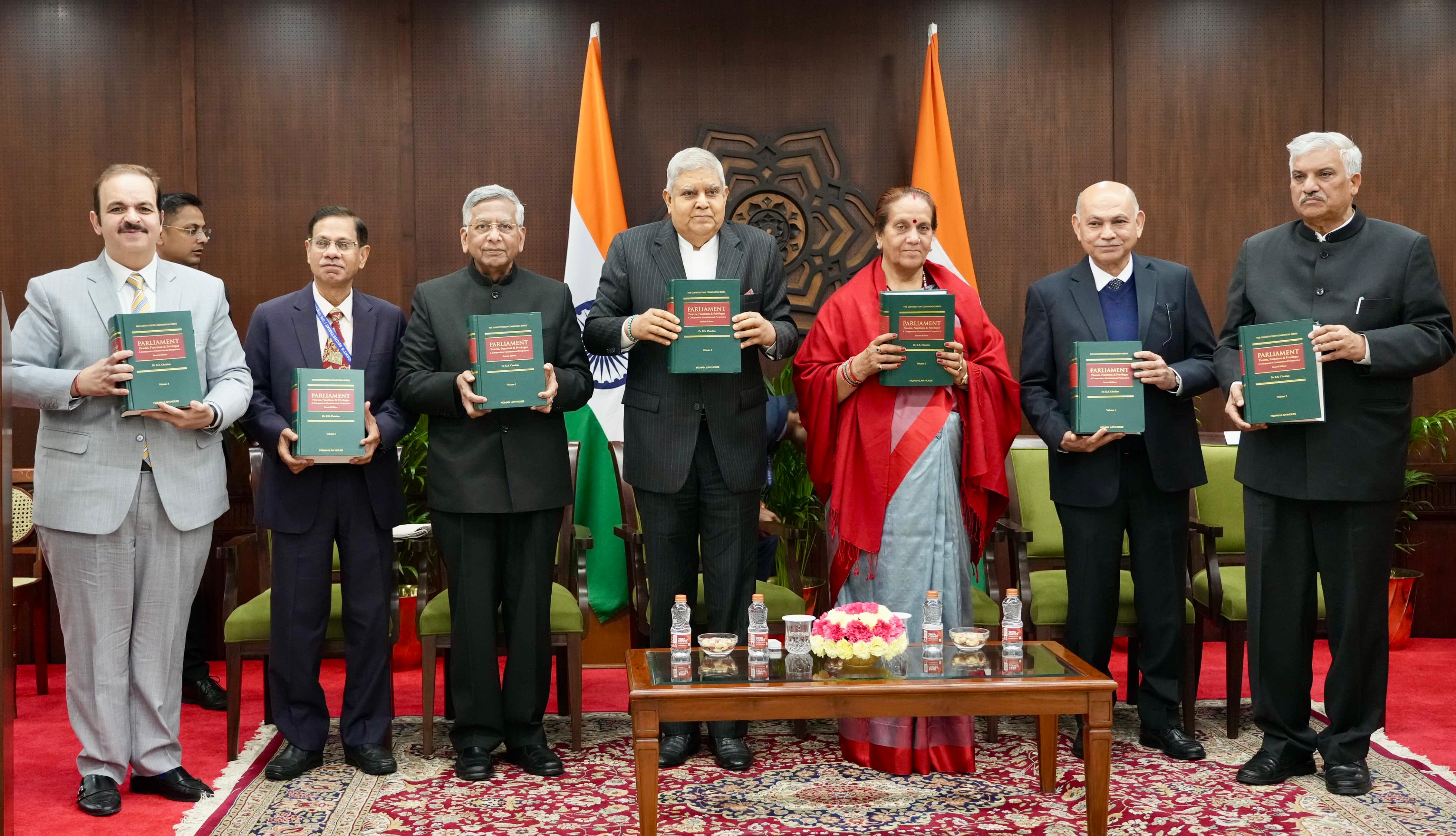 The Vice-President, Shri Jagdeep Dhankhar launching the book "Parliament: Powers, Functions & Privileges; A Comparative Constitutional Perspective", authored by Dr. KS Chauhan, Senior Advocate, at Vice-President's Enclave in New Delhi on January 13, 2025.