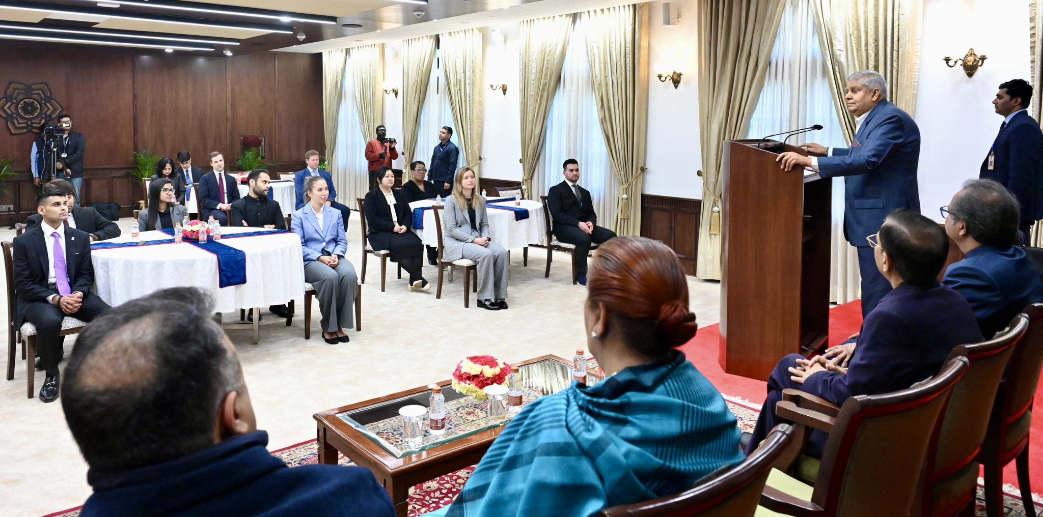 The Vice-President, Shri Jagdeep Dhankhar addressing the students and faculty of New York University at Vice-President's Enclave in New Delhi on January 13, 2025