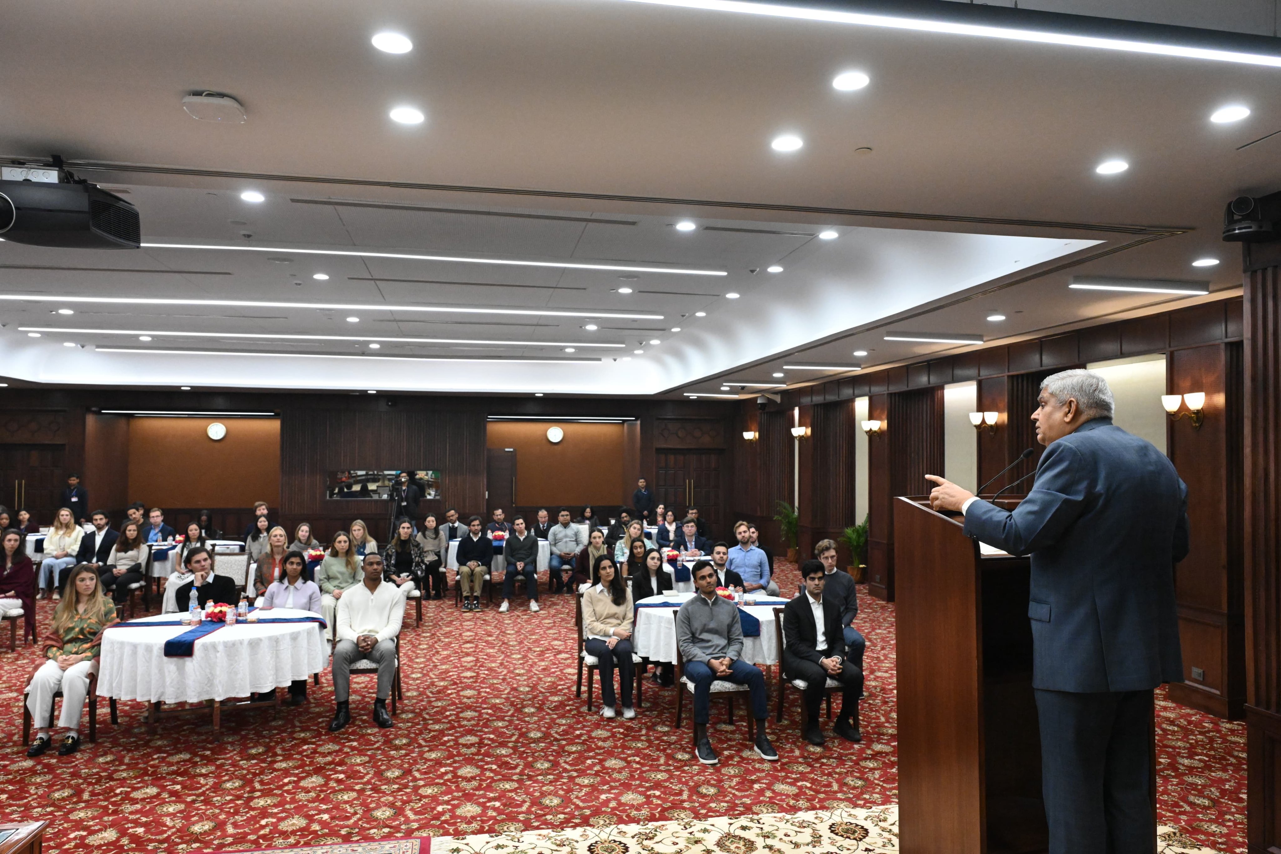 The Vice-President, Shri Jagdeep Dhankhar addressing the students from Harvard Business School at Vice-President's Enclave in New Delhi on January 13, 2025.