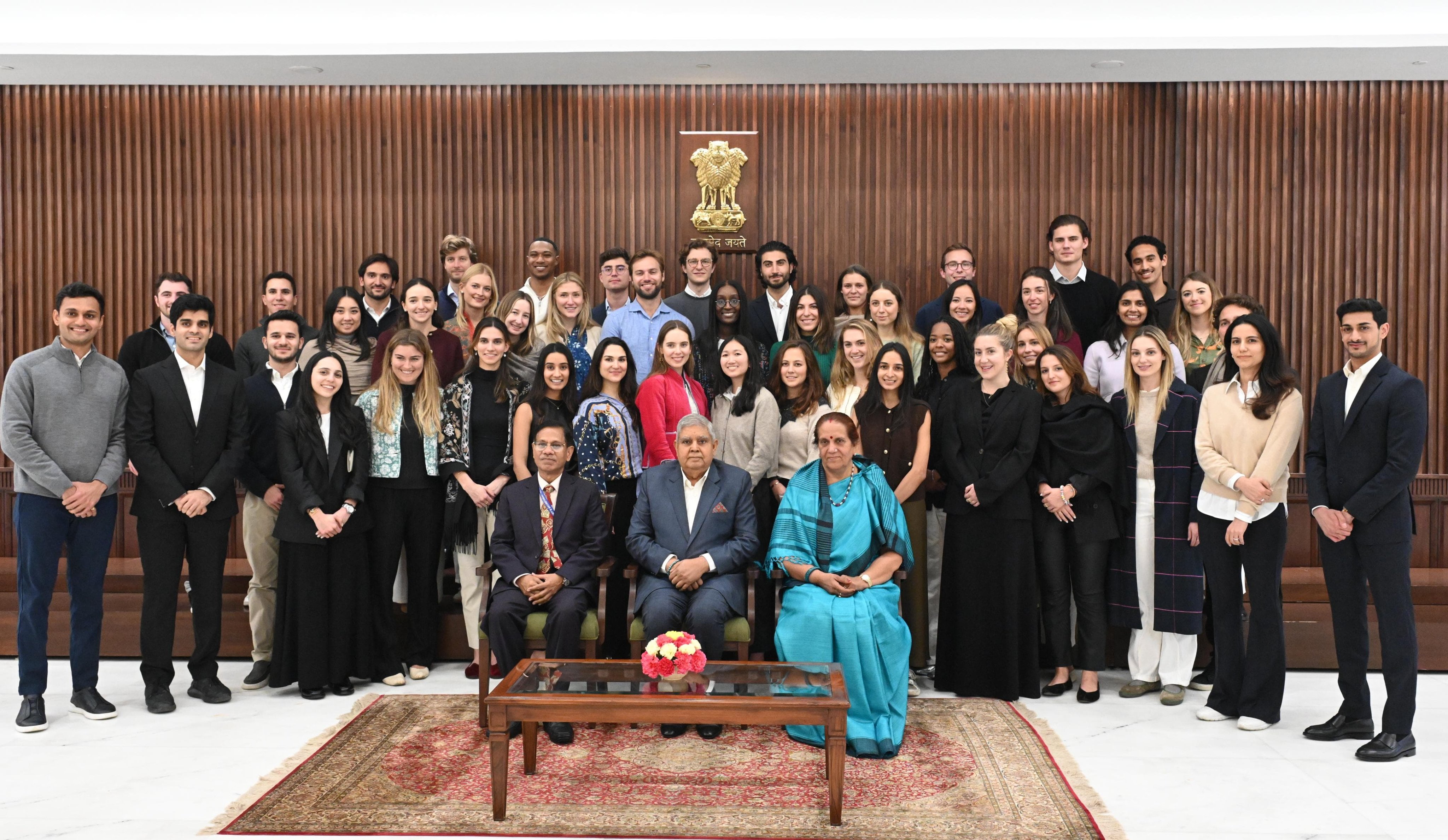 The Vice-President, Shri Jagdeep Dhankhar in a group photograph with the students from Harvard Business School at Vice-President's Enclave in New Delhi on January 13, 2025. 