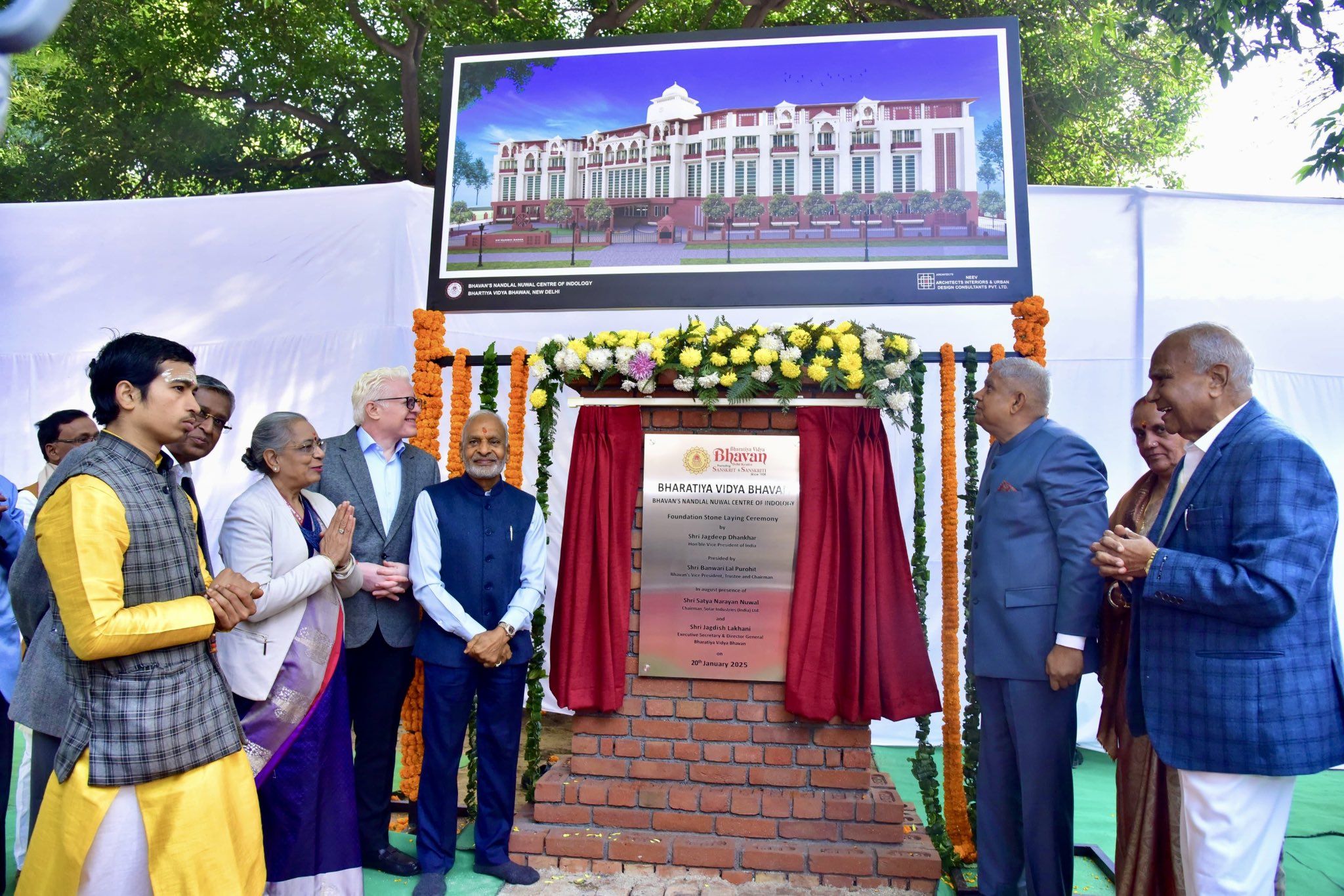 The Vice-President, Shri Jagdeep Dhankhar laying the foundation stone for Nandlal Nuwal Centre of Indology at Bharatiya Vidya Bhavan in New Delhi on January 20, 2025.