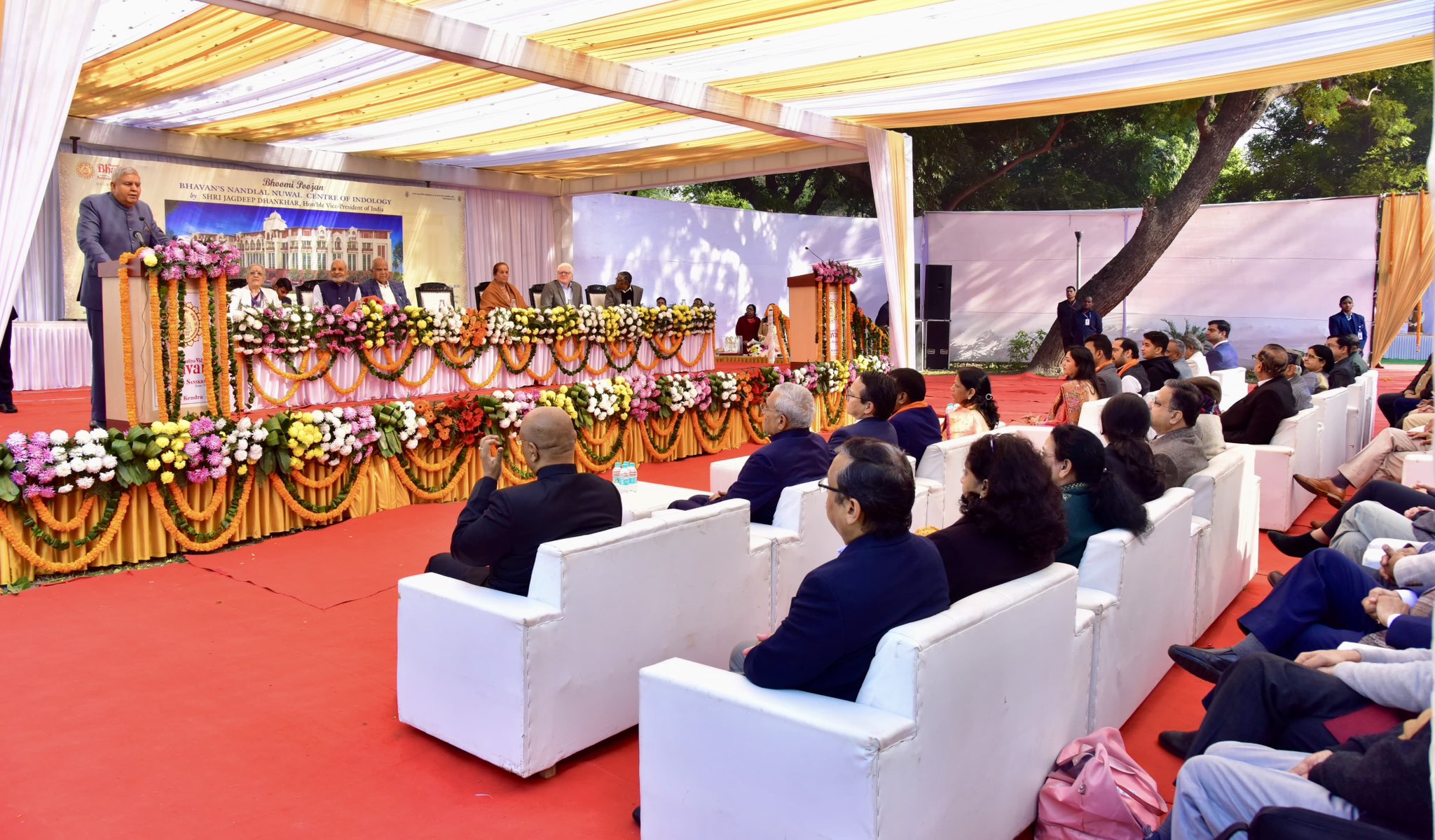 The Vice-President, Shri Jagdeep Dhankhar addressing the gathering at Nandlal Nuwal Centre of Indology at Bharatiya Vidya Bhavan in New Delhi on January 20, 2025.