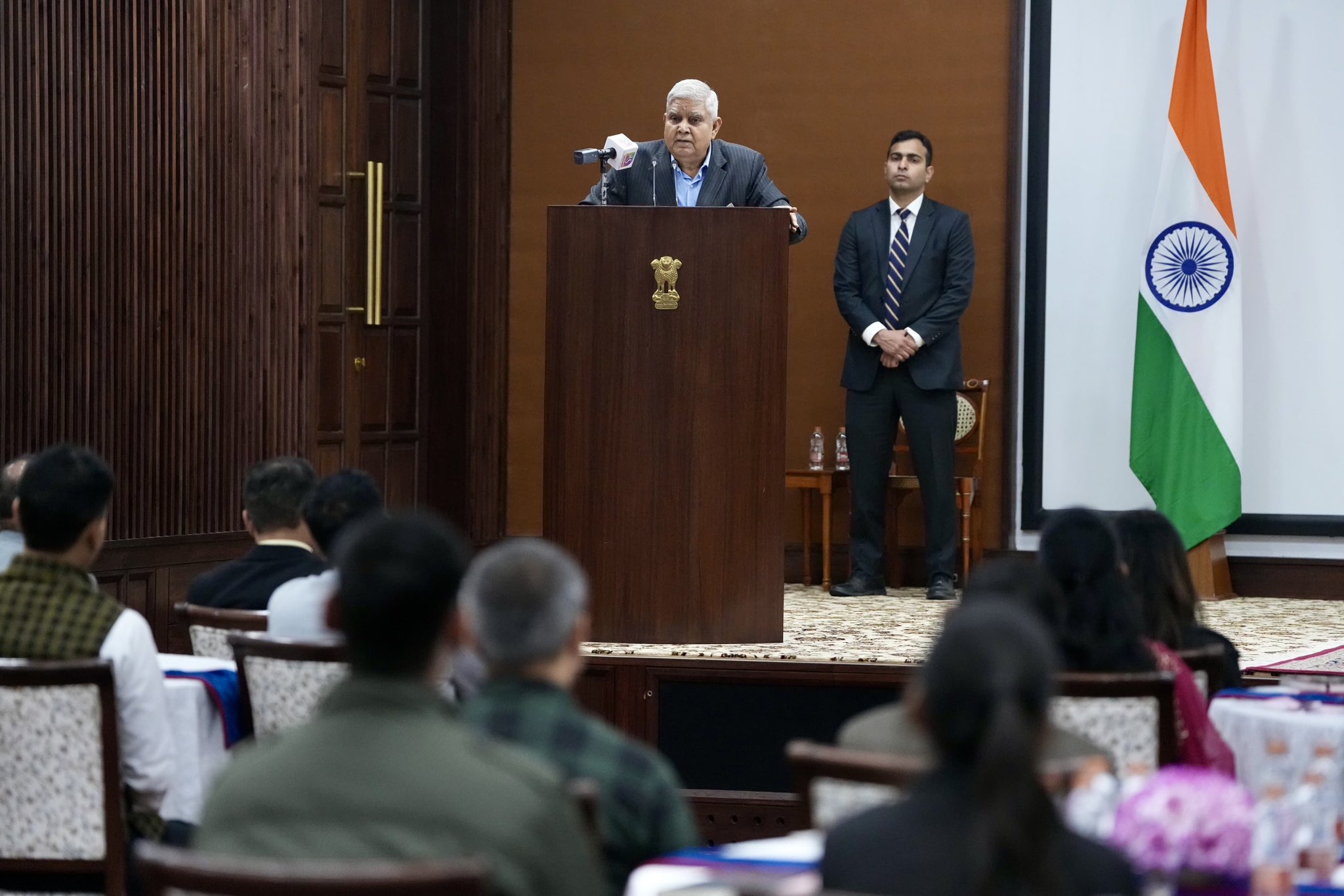 The Vice-President and Chairman, Rajya Sabha, Shri Jagdeep Dhankhar addressing the fifth batch of participants of the Rajya Sabha Internship Programme at Vice-President's Enclave in New Delhi on January 27, 2025.