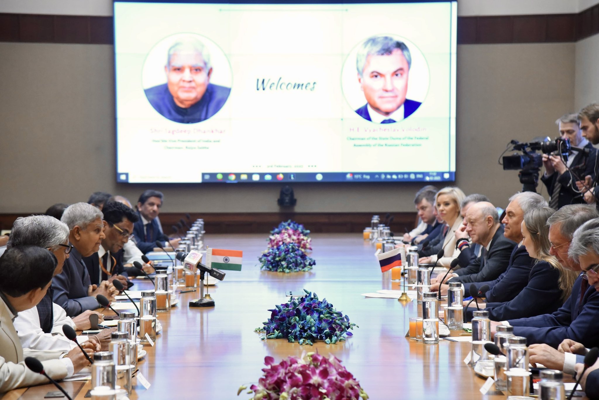 H.E. Vyacheslav Volodin, Chairman of the State Duma of the Federal Assembly of the Russian Federation, called on the Vice-President and Chairman, Rajya Sabha, Shri Jagdeep Dhankhar, at Parliament House, in New Delhi on February 3, 2025.