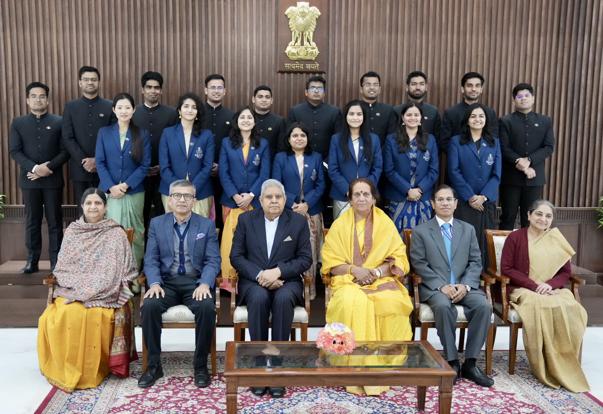 The Vice-President, Shri Jagdeep Dhankhar interacting with the Indian Defence Accounts Service (IDAS) Probationers of 2022 & 2023 batches at Vice-President's Enclave in New Delhi on February 6, 2025.