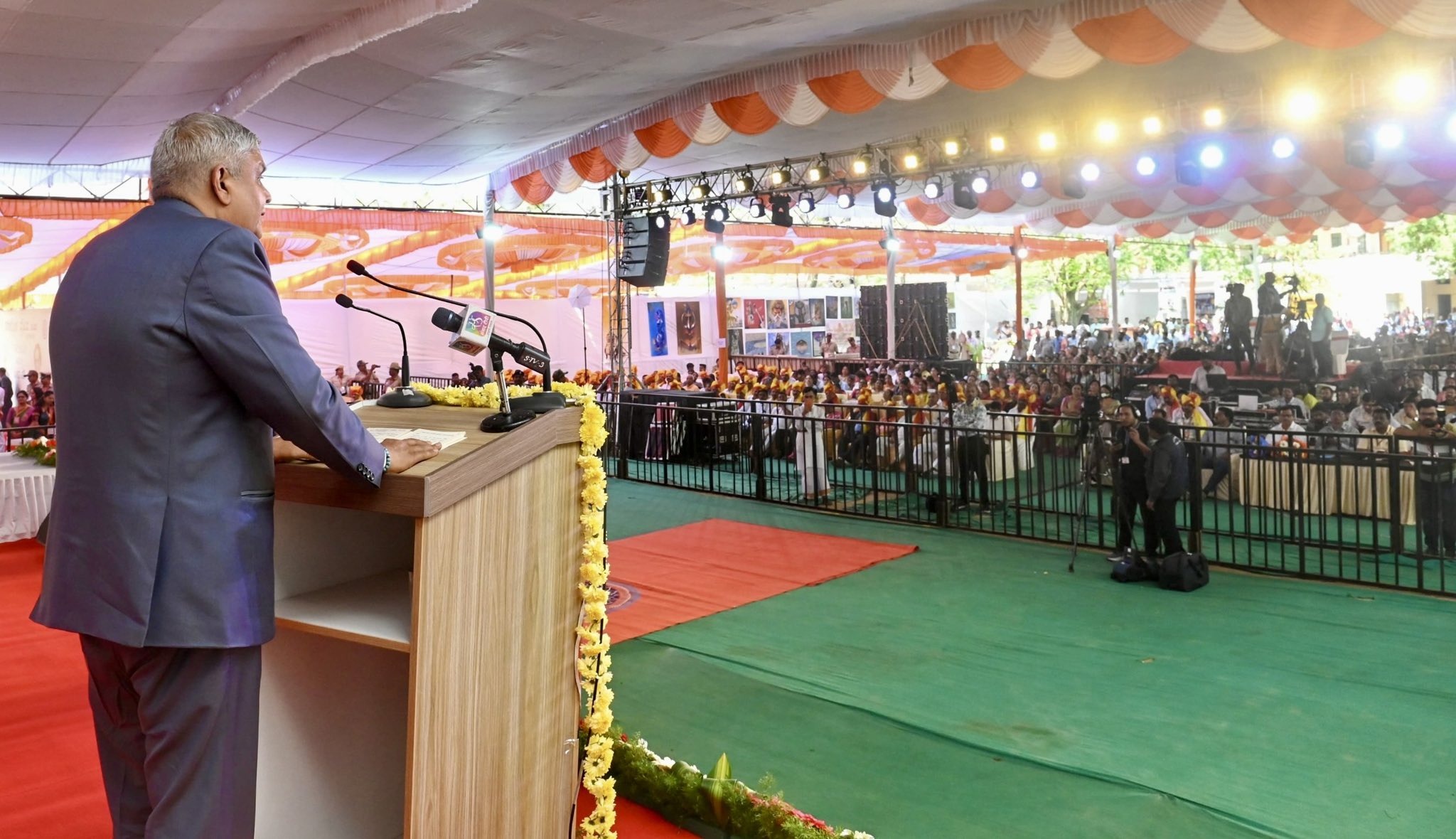 The Vice-President, Shri Jagdeep Dhankhar addressing the gathering at the 3rd edition of Karnataka Vaibhava Literature & Cultural Festival at Raj-Rajeshwari Mahavidyalaya in Ranebennur, Karnataka on February 7, 2025. 