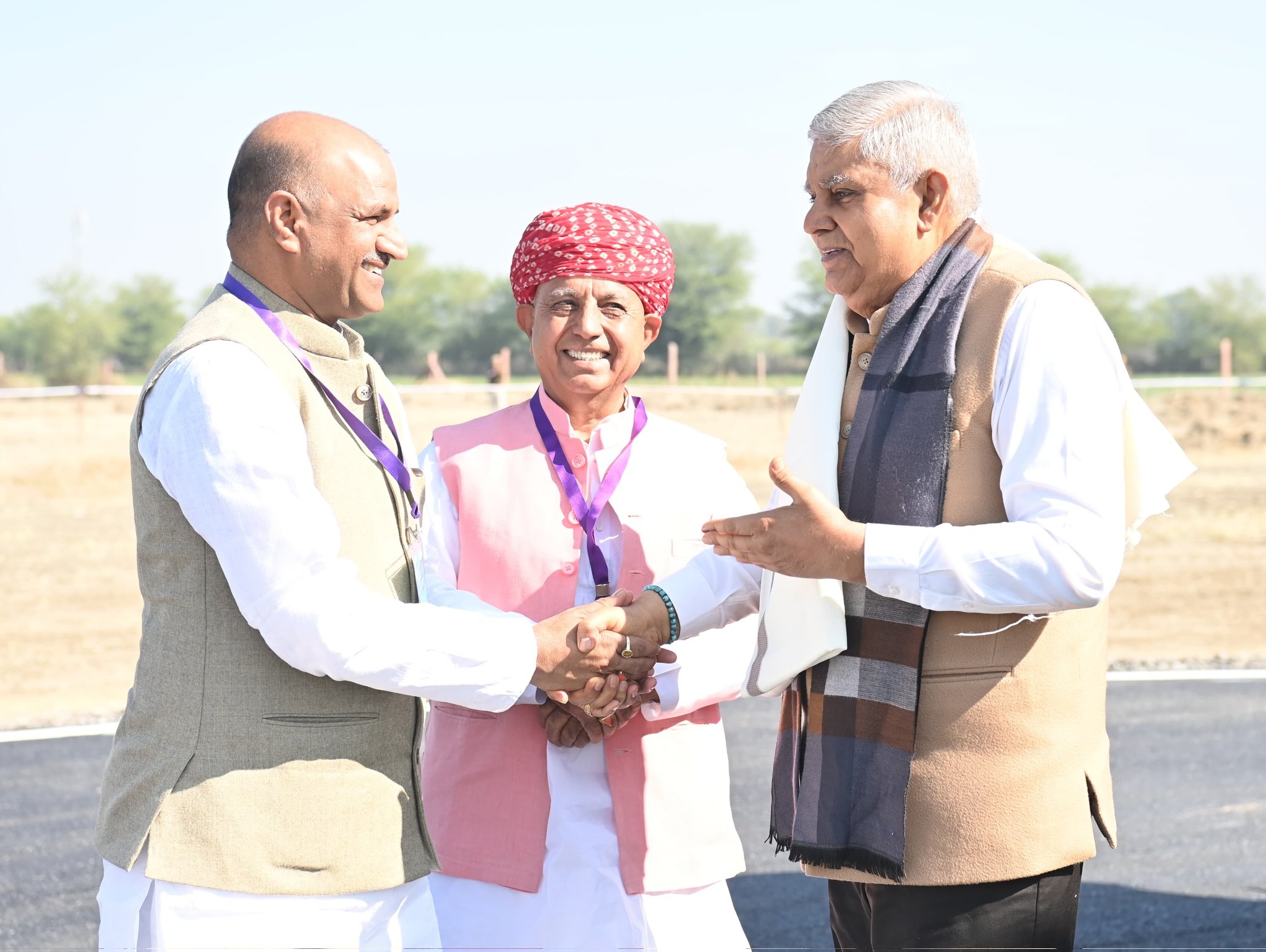 The Vice-President, Shri Jagdeep Dhankhar being welcomed by Shri Bhagirath Choudhary, Minister of State for Agriculture and Farmers Welfare, Shri CP Joshi, Member of Parliament (Lok Sabha) from Chittorgarh, Shri Babulal Kharadi, Minister, Government of Rajasthan, Shri Lal Chand Kataria and other dignitaries on his arrival at Chittorgarh, Rajasthan on February 9, 2025