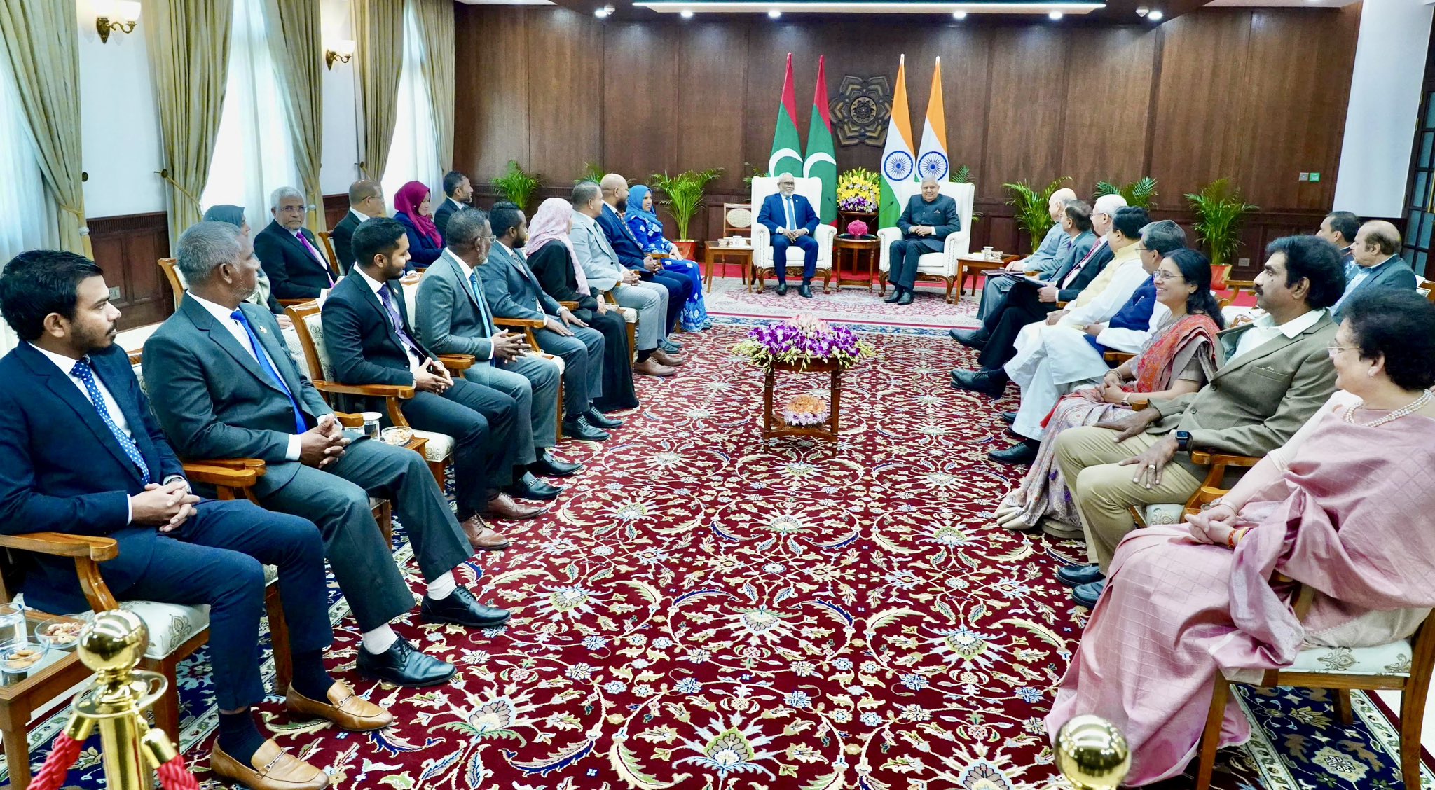 A Parliamentary delegation from Maldives, led by the Speaker of People's Majlis, Republic of Madives, H.E. Mr. Abdul Raheem Abdulla, called on the the Vice-President of India and Chairman, Rajya Sabha, Shri Jagdeep Dhankhar at Vice-President’s Enclave on February 12, 2025.