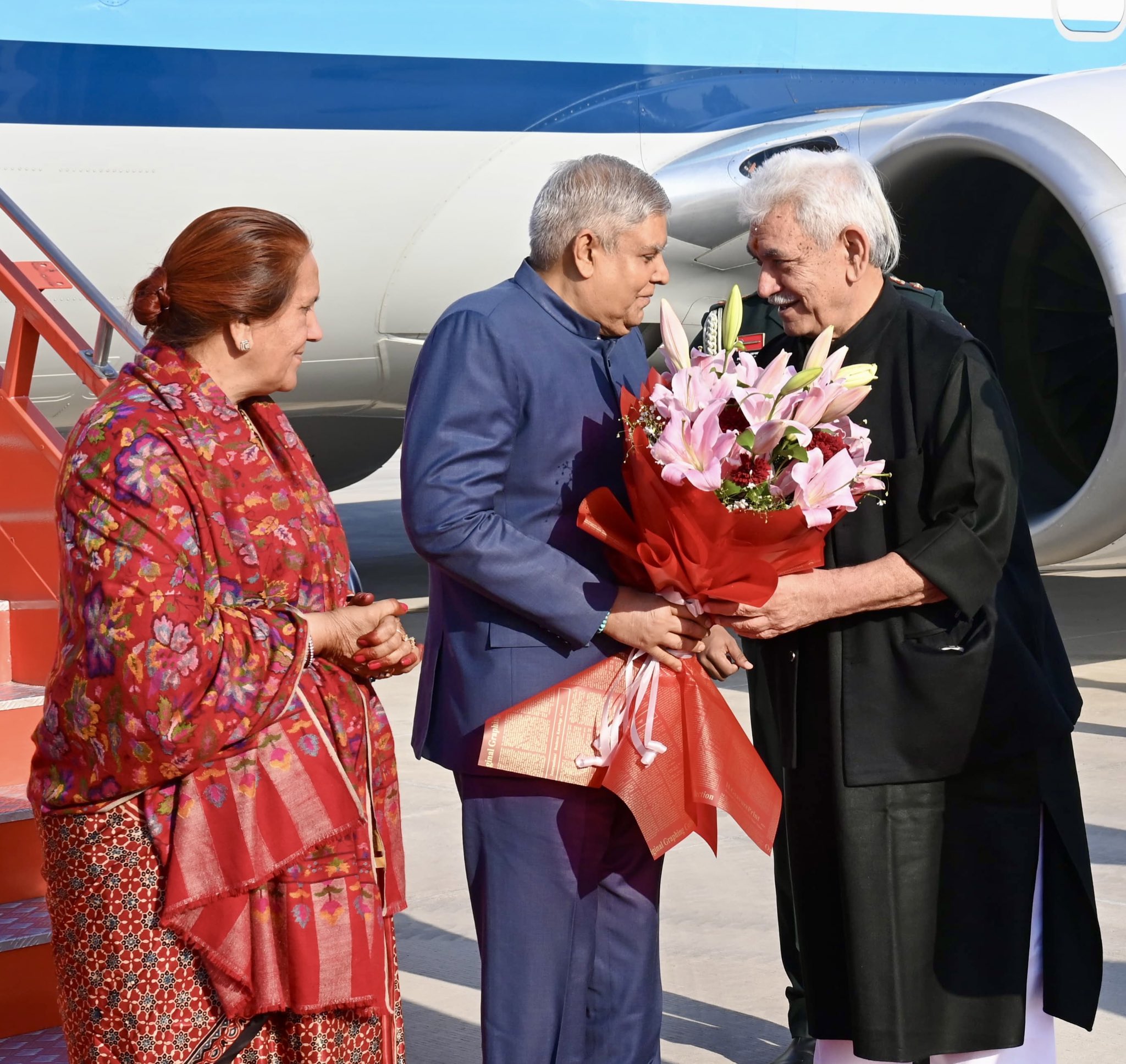 The Vice-President, Shri Jagdeep Dhankhar and Dr. Sudesh Dhankhar being welcomed by Shri Manoj Sinha, Lieutenant Governor of the Union Territory of Jammu & Kashmir, Shri Omar Abdullah, Chief Minister of Jammu & Kashmir and other dignitaries on their arrival in Jammu on February 15, 2025.