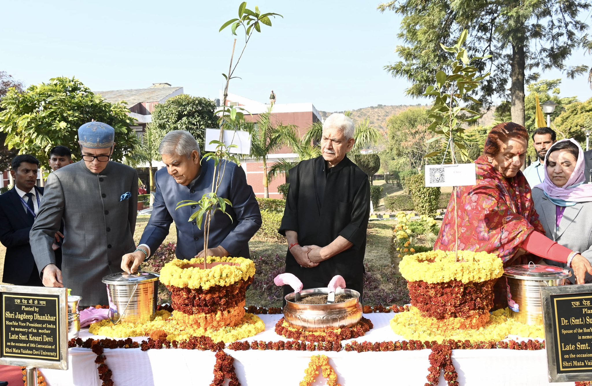 The Vice-President, Shri Jagdeep Dhankhar and Dr. Sudesh Dhankhar planting saplings at the premises of Shri Mata Vaishno Devi University, Katra, Jammu & Kashmir on February 15, 2025. 