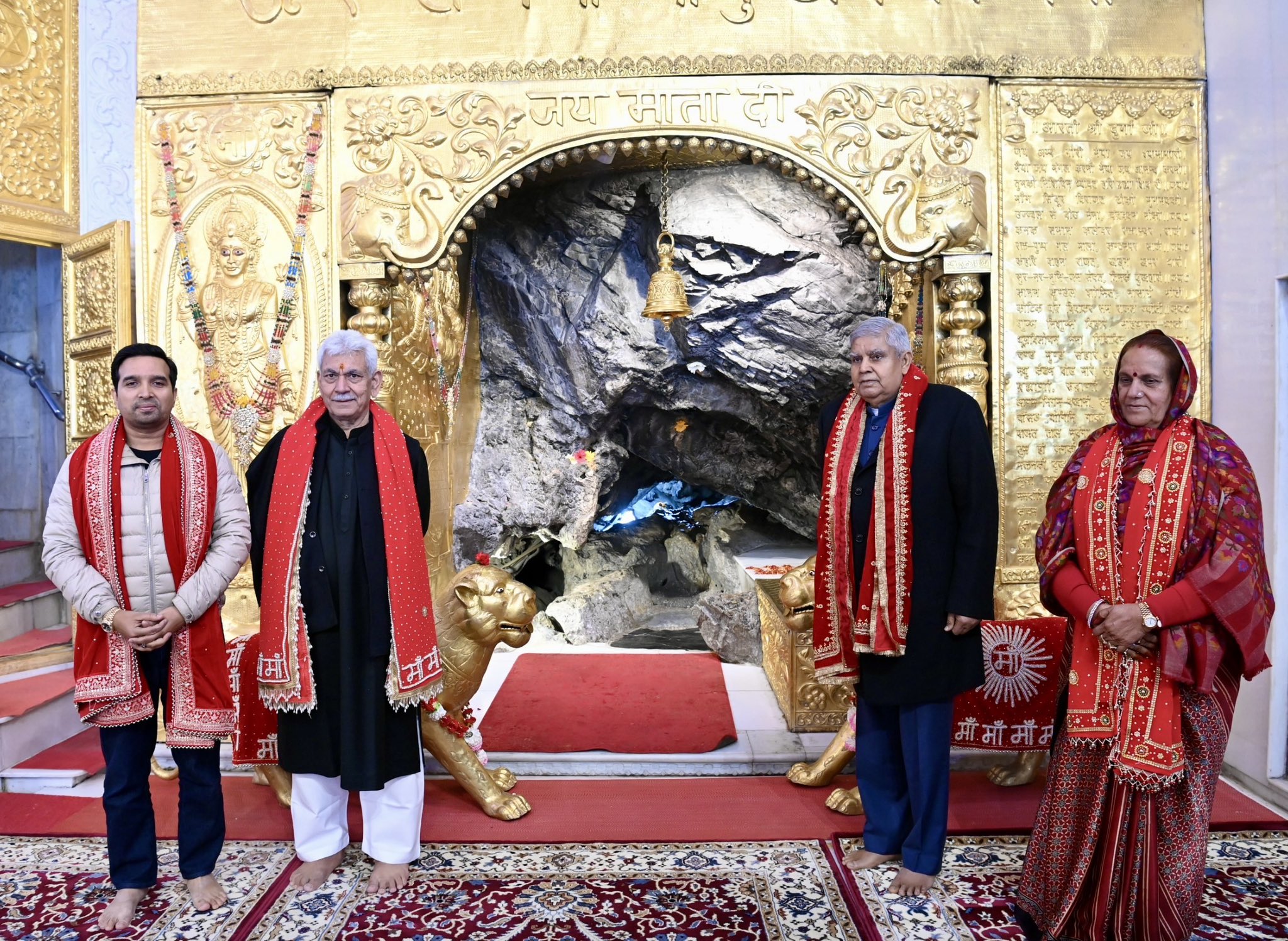 The Vice-President, Shri Jagdeep Dhankhar and Dr. Sudesh Dhankhar having darshan at 'Mata Vaishno Devi' Mandir in Katra, Jammu and Kashmir on February 15, 2025.