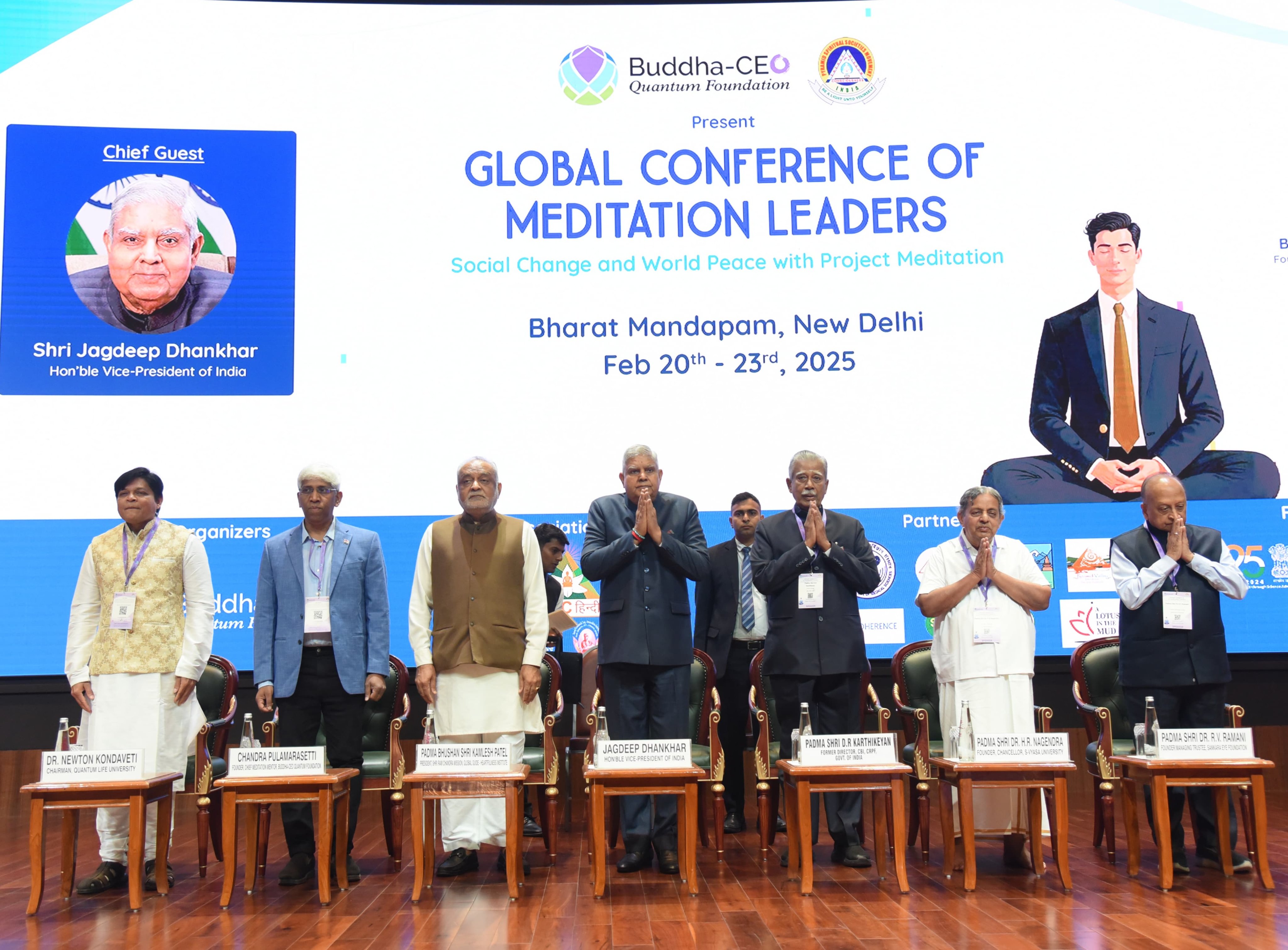 The Vice-President, Shri Jagdeep Dhankhar addressing the 2nd Global Conference of Meditation Leaders at Bharat Mandapam in New Delhi on February 21, 2025.