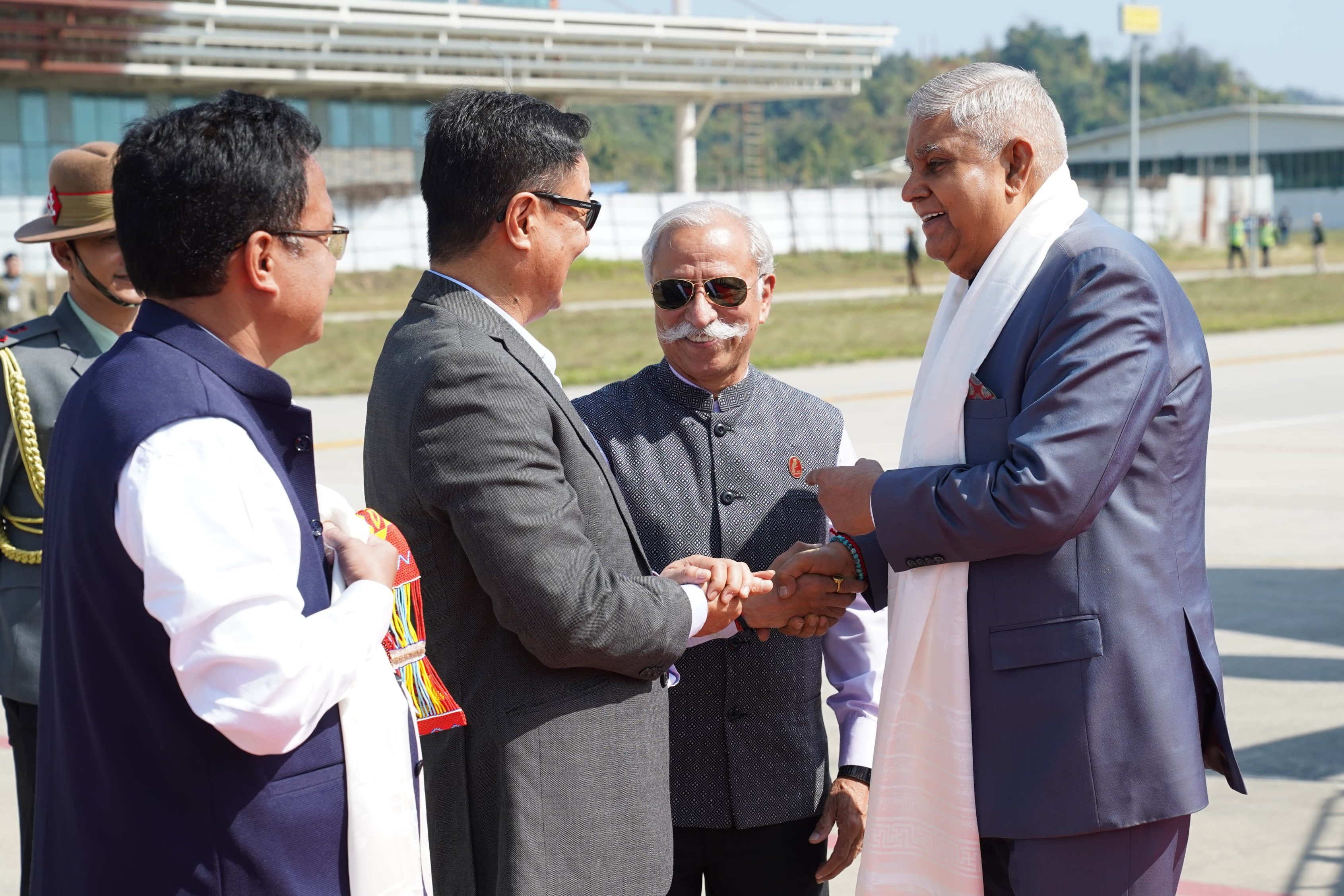 The Vice-President, Shri Jagdeep Dhankhar being welcomed by Lt. Gen. Kaiwalya Trivikram Parnaik (Retd.), Governor, Arunachal Pradesh, Shri Kiren Rijiju, Union Minister of Parliamentary Affairs; and Minority Affairs, Shri Gabriel Denwang Wangsu, Minister, Government of Arunachal Pradesh, and other dignitaries on his arrival in Itanagar, Arunachal Pradesh on February 26,2025.