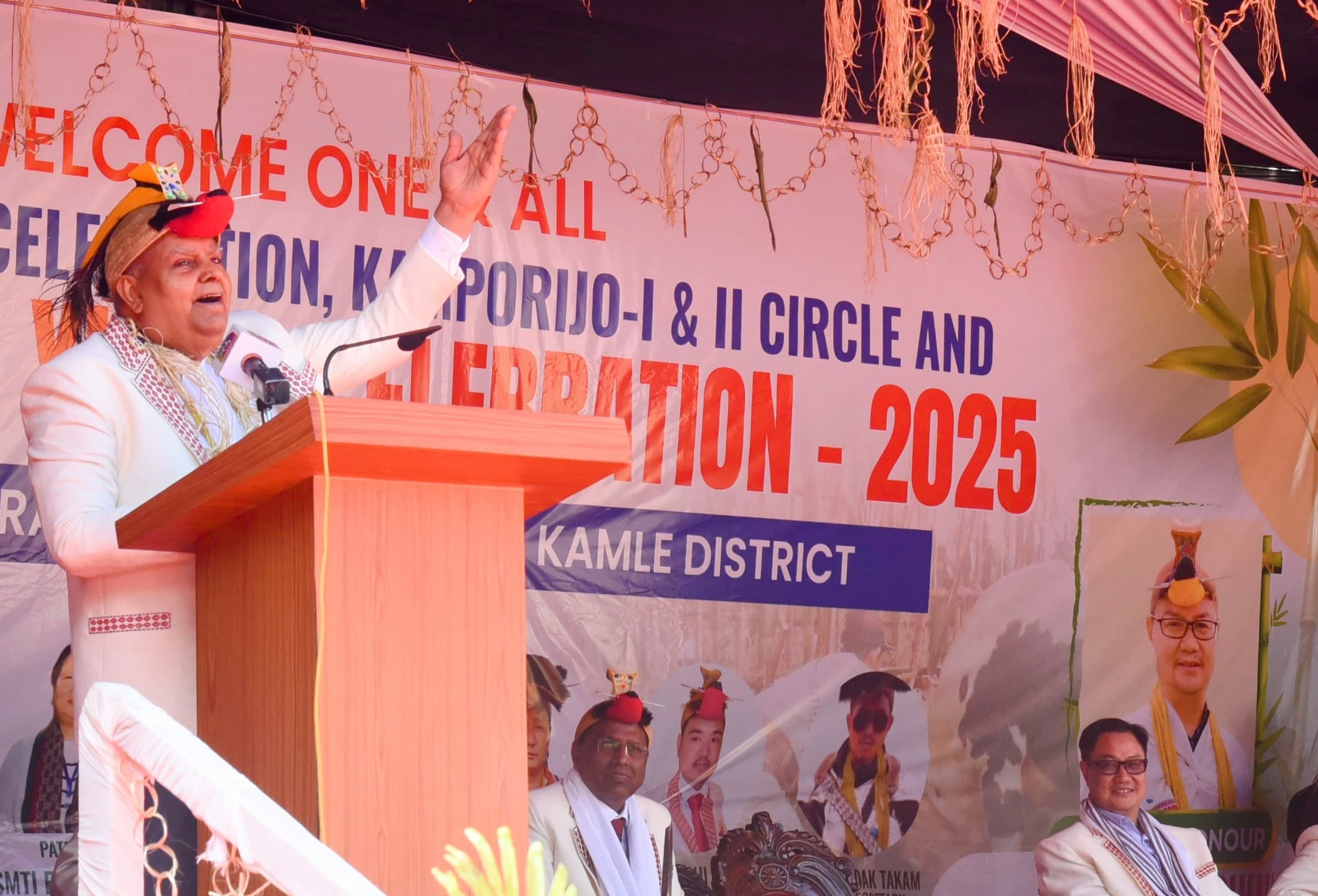 The Vice-President, Shri Jagdeep Dhankhar addressing the gathering at first ever Joint Mega Nyokum Yullo Celebration in Boasimla, Kamle District, Arunachal Pradesh on February 26, 2025. 