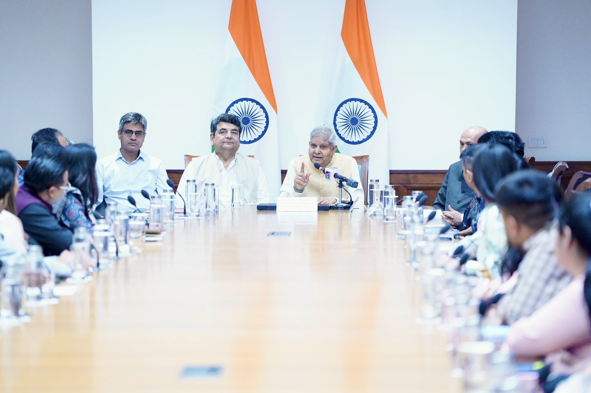 The Vice-President and Chairman, Rajya Sabha, Shri Jagdeep Dhankhar addressing the sixth batch of participants of the Rajya Sabha Internship Programme at Parliament House in New Delhi on March 24, 2025.