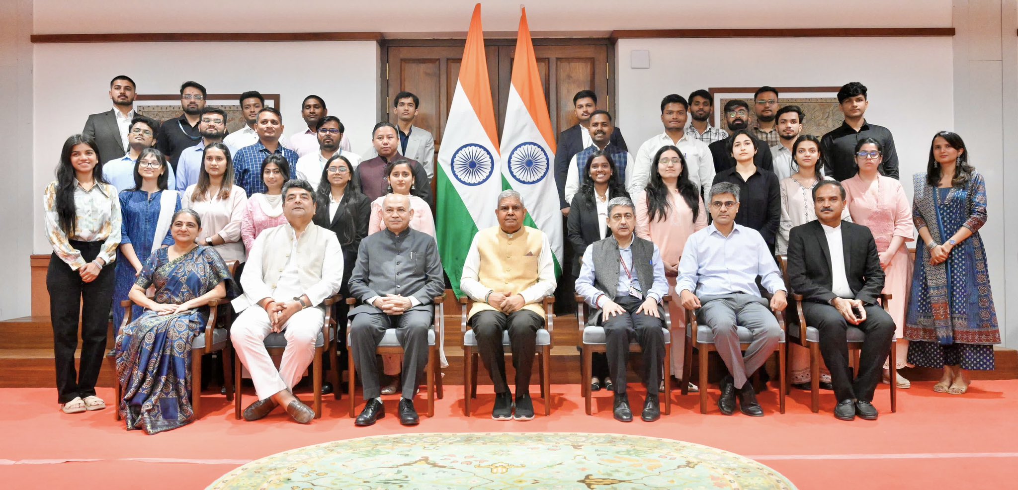 The Vice-President and Chairman, Rajya Sabha, Shri Jagdeep Dhankhar in a group photograph with the sixth batch of participants of the Rajya Sabha Internship Programme at Parliament House in New Delhi on March 24, 2025.