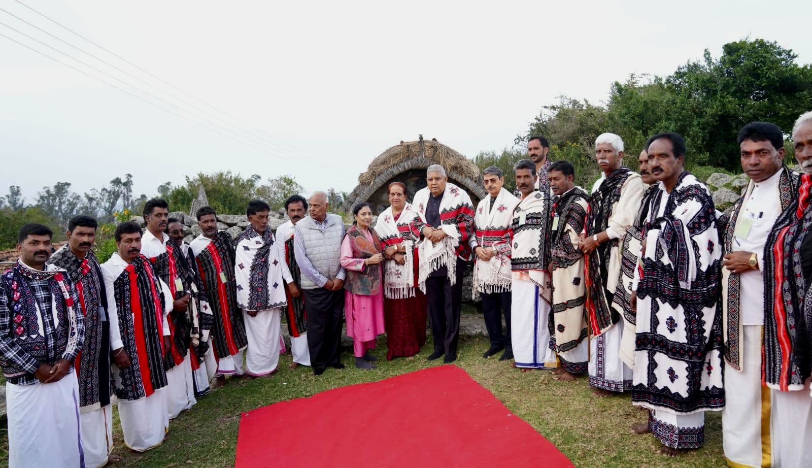 The Vice-President, Shri Jagdeep Dhankhar and Dr. Sudesh Dhankhar at Muthanadu Mund Toda Temple in the Nilgiris, Tamil Nadu on April 25, 2025.