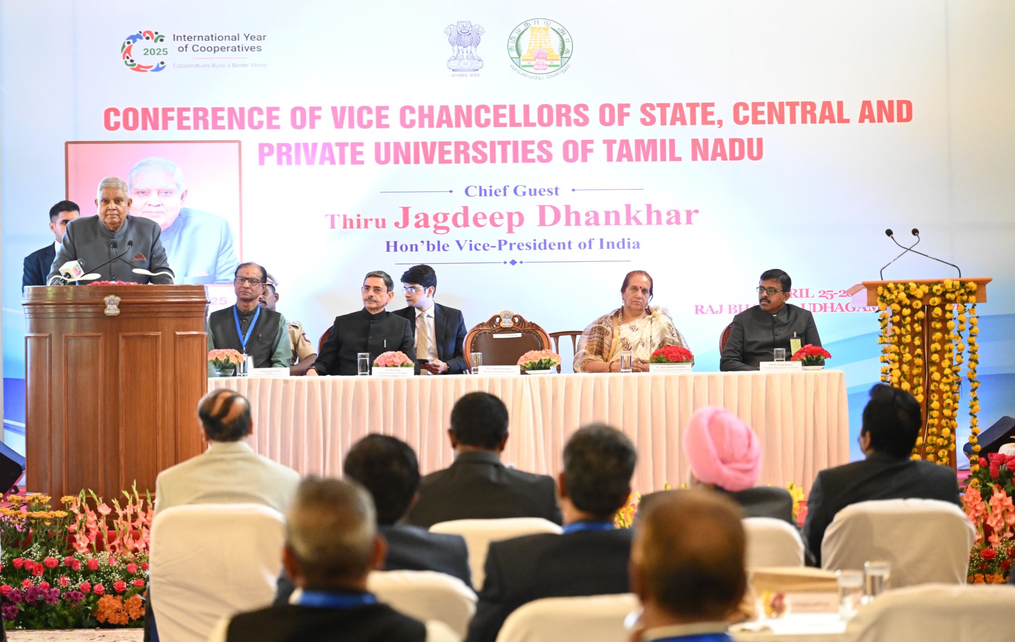 The Vice-President, Shri Jagdeep Dhankhar addressing the Inaugural Session of the Conference of Vice-Chancellors of State, Central and Private Universities of Tamil Nadu at Raj Bhavan in Udhagamandalam, Tamil Nadu on April 25, 2025.