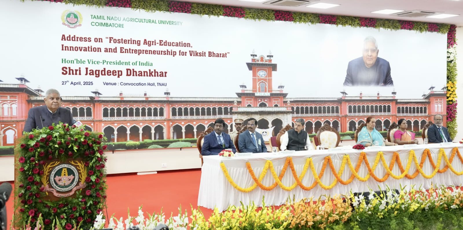 The Vice-President, Shri Jagdeep Dhankhar addressing to the Faculty and Students at Tamil Nadu Agricultural University in Coimbatore, Tamil Nadu on April 27, 2025.