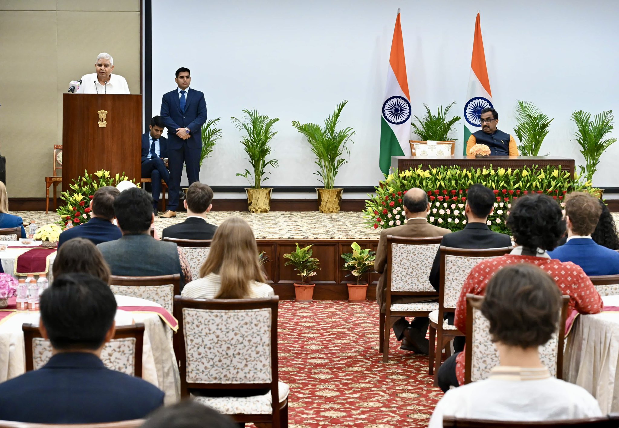 The Vice-President, Shri Jagdeep Dhankhar interacting with participants of the Kautilya Fellows Programme from India Foundation at Vice-President’s Enclave in New Delhi on May 8, 2025.