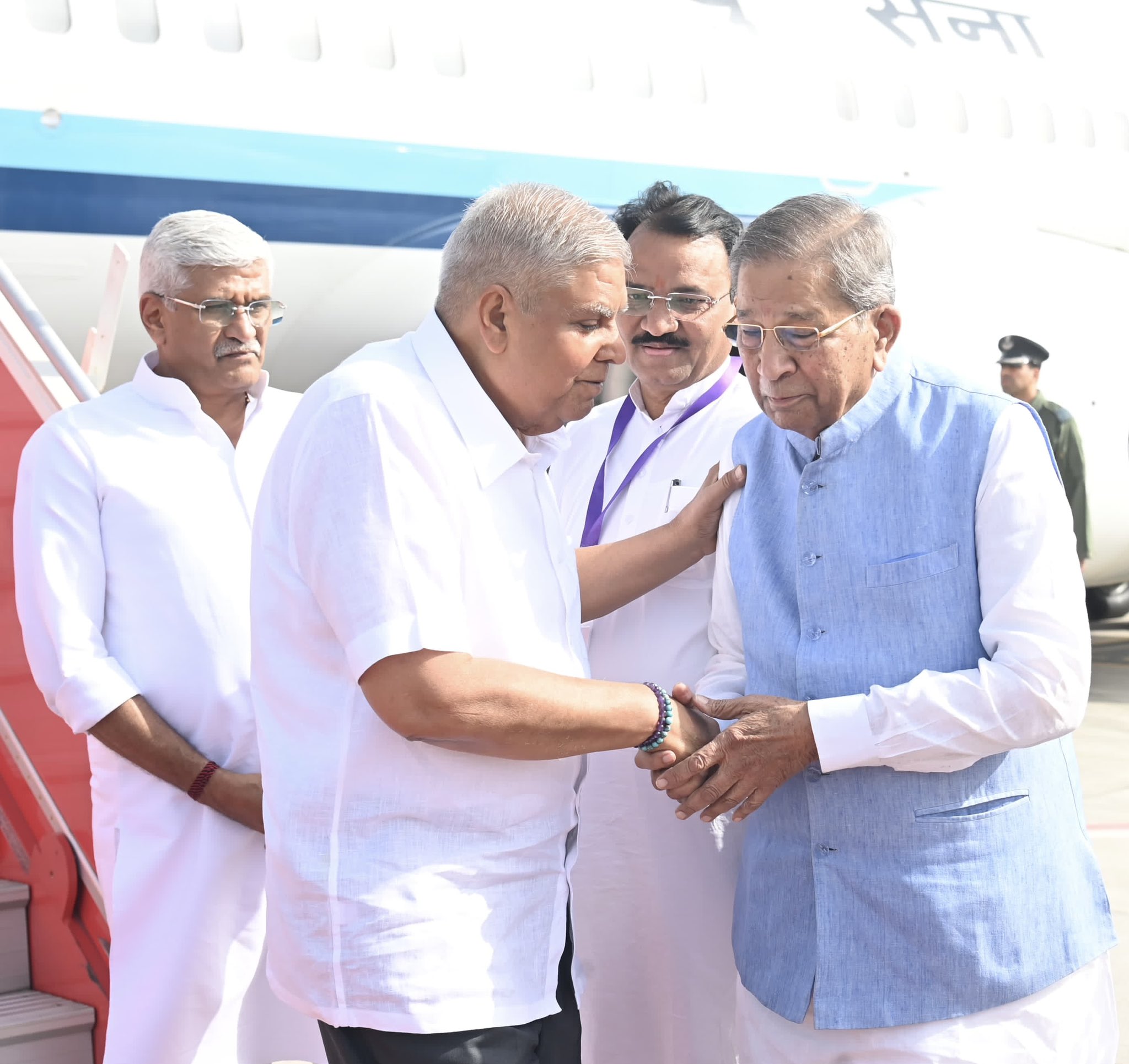 The Vice-President, Shri Jagdeep Dhankhar being welcomed by Shri Gajendra Singh Shekhawat, Union Minister of Culture and Tourism, Shri Prem Chand Bairwa, Deputy Chief Minister of Rajasthan, Shri Ghanshyam Tiwari, Member of Parliament (Rajya Sabha) and other dignitaries on his arrival in Jaipur, Rajasthan on May 15, 2025.