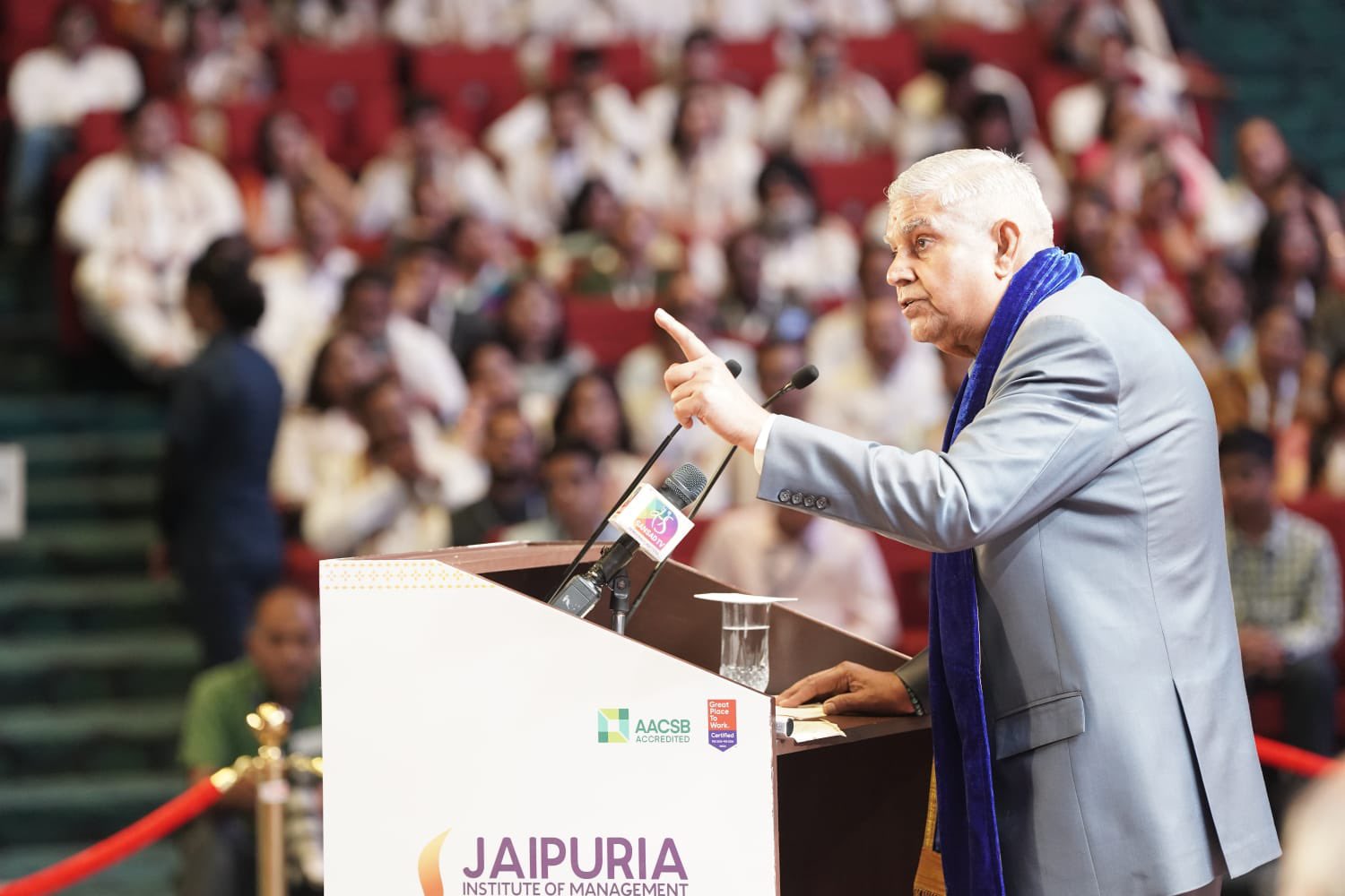 The Vice-President, Shri Jagdeep Dhankhar addressing the Annual Convocation of Jaipuria Institute of Management at Bharat Mandapam in New Delhi on May 17, 2025.