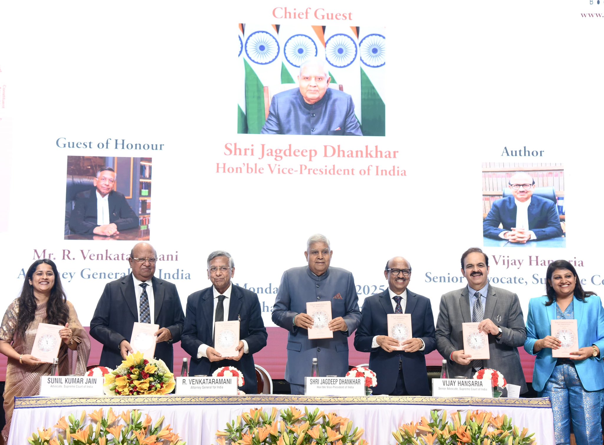The Vice-President, Shri Jagdeep Dhankhar launching the book 'The Constitution We Adopted (with Artworks)' edited by Shri Vijay Hansaria, Senior Advocate, Supreme Court of India at Bharat Mandapam in New Delhi on May 19, 2025. 