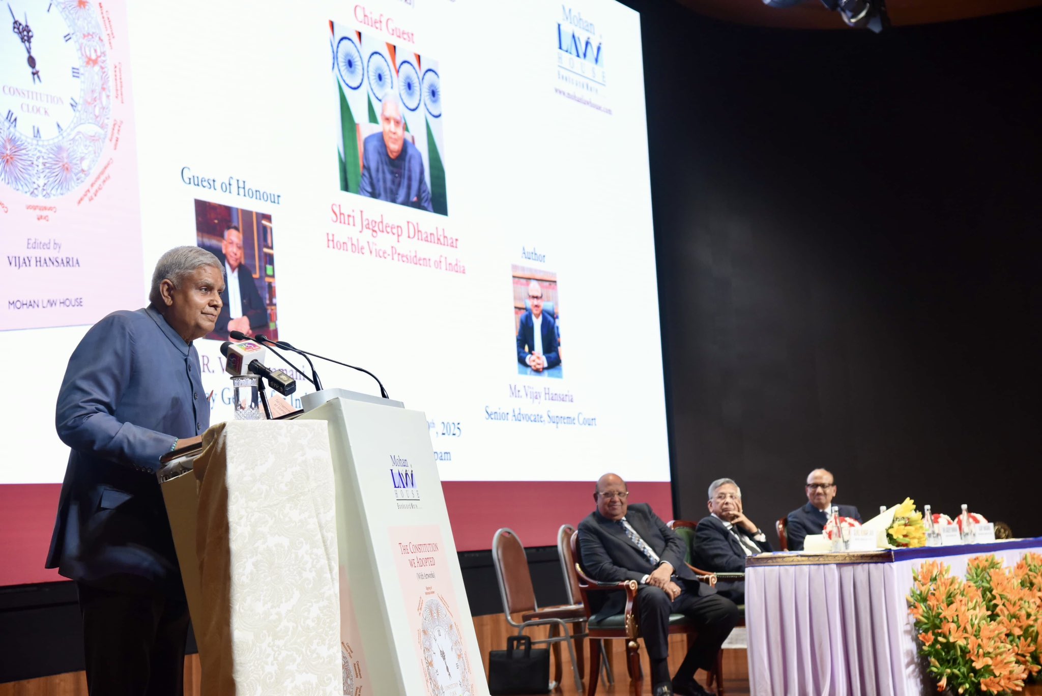 The Vice-President, Shri Jagdeep Dhankhar addressing the gathering at the book launch 'The Constitution We Adopted (with Artworks)' edited by Shri Vijay Hansaria, Senior Advocate, Supreme Court of India at Bharat Mandapam in New Delhi on May 19, 2025. 