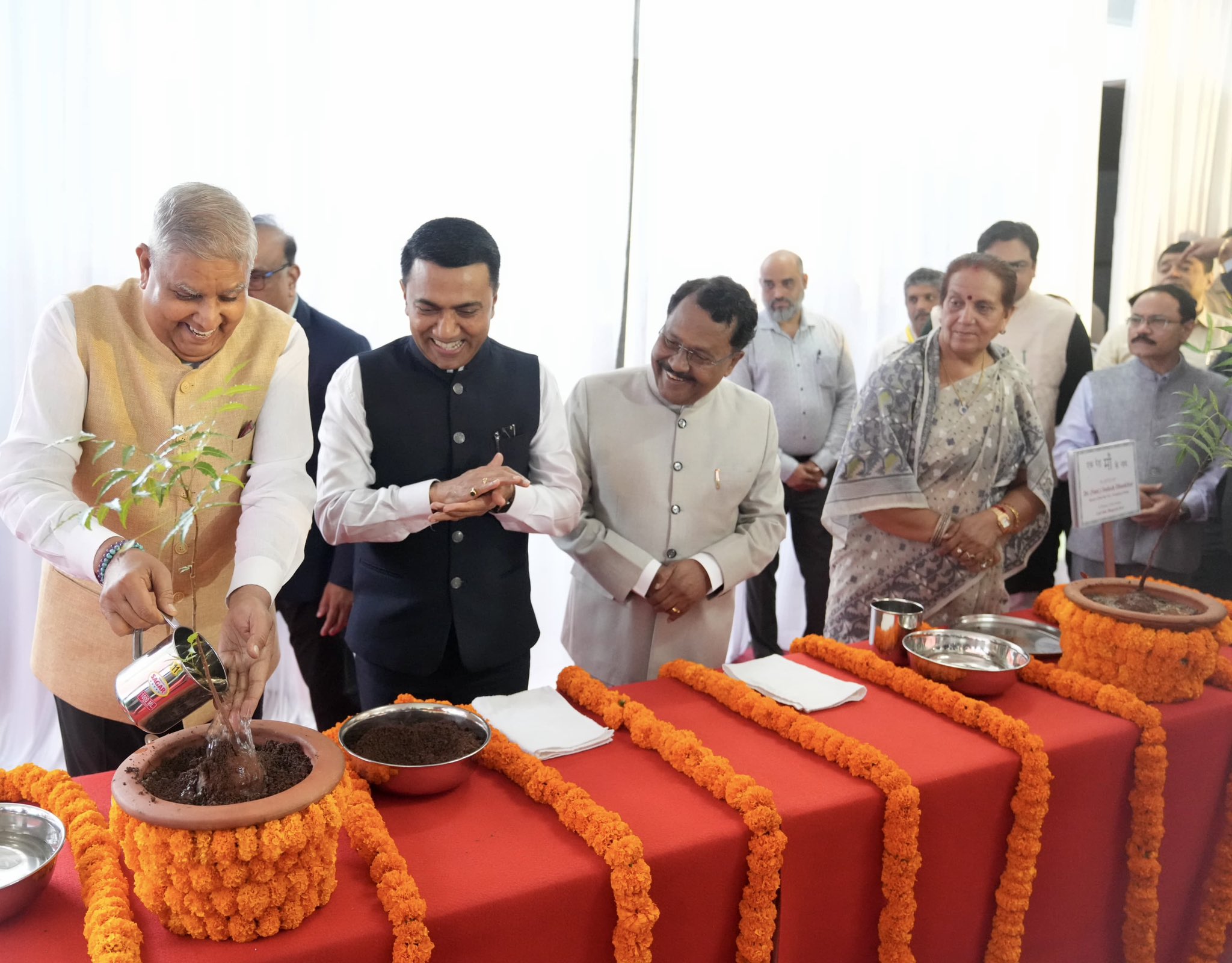 The Vice-President, Shri Jagdeep Dhankhar and Dr. Sudesh Dhankhar planting saplings at the premises of Mormugao Port in Goa on May 21, 2025.