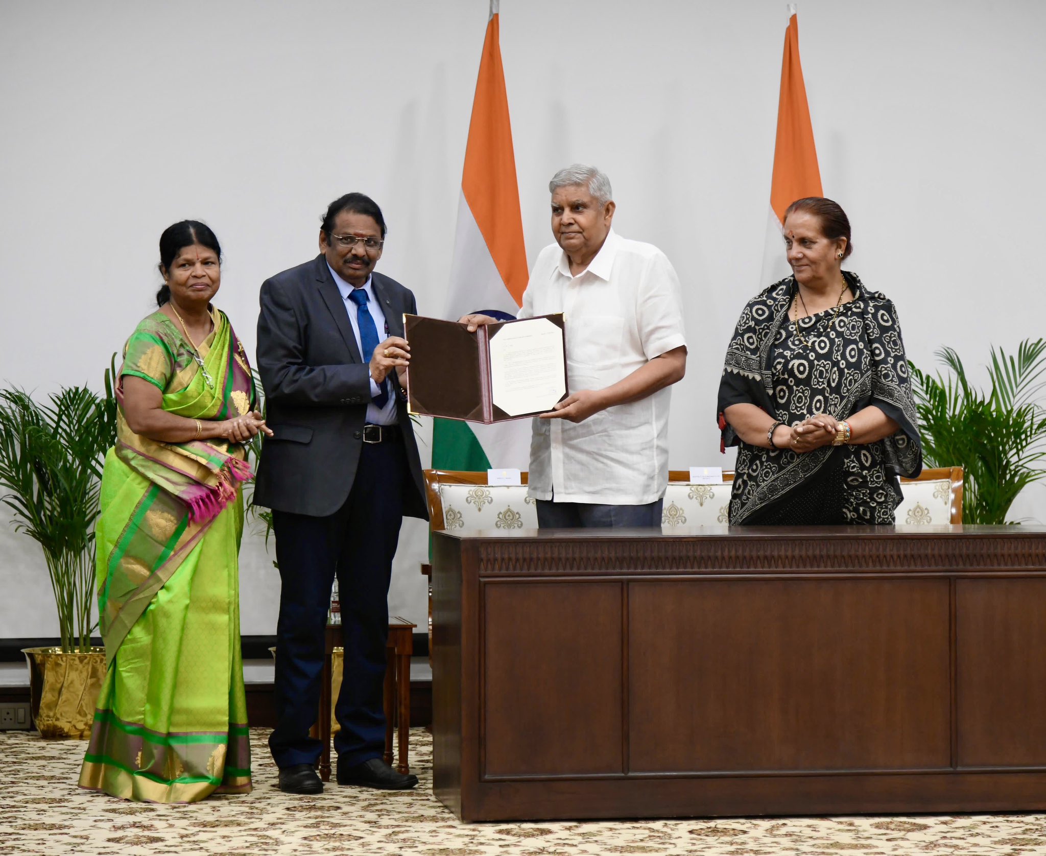 The Vice-President and Chairman, Rajya Sabha, Shri Jagdeep Dhankhar nominating noted ophthalmologist and scholar, Dr. M. L. Raja, for the award of Dr. S. Radhakrishnan Chair for the year 2025-2026 at the Vice-President's Enclave in New Delhi on May 27, 2025.