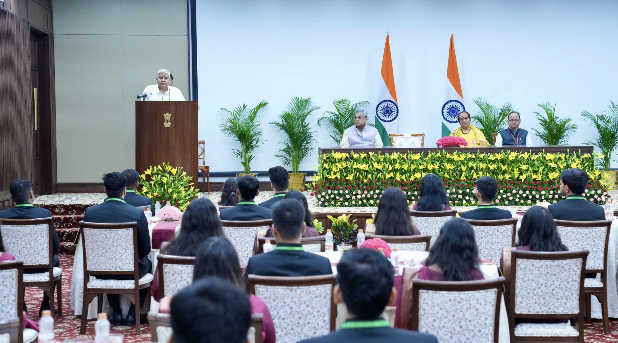 The Vice-President, Shri Jagdeep Dhankhar interacting with the Indian Statistical Service (ISS) Probationers of 2024 and 2025 batches at the Vice-President's Enclave in New Delhi on May 29, 2025. 