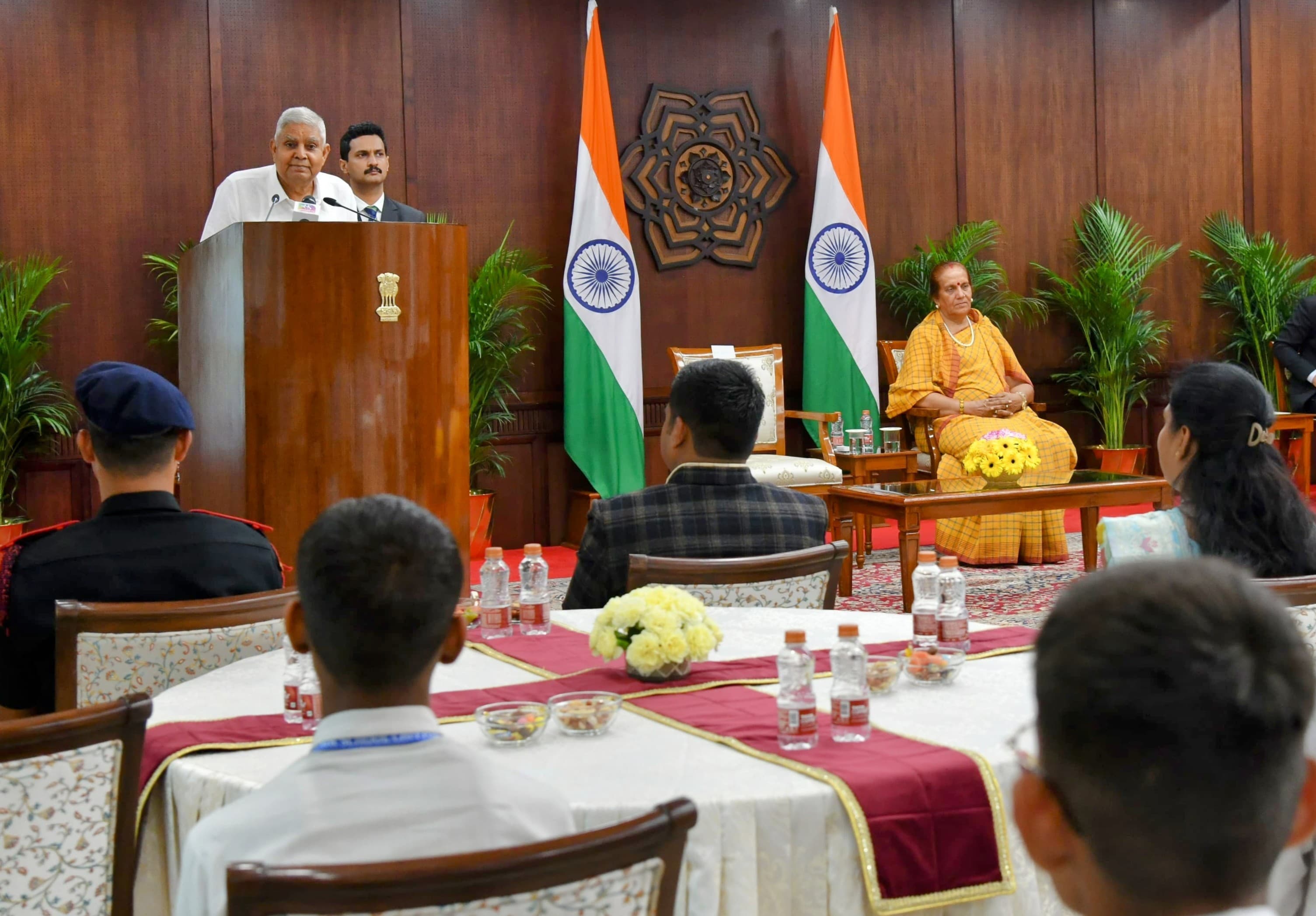 The Vice-President, Shri Jagdeep Dhankhar interacting with the students of Sainik School, Chittorgarh at the Vice-President's Enclave in New Delhi on June 5, 2025.
