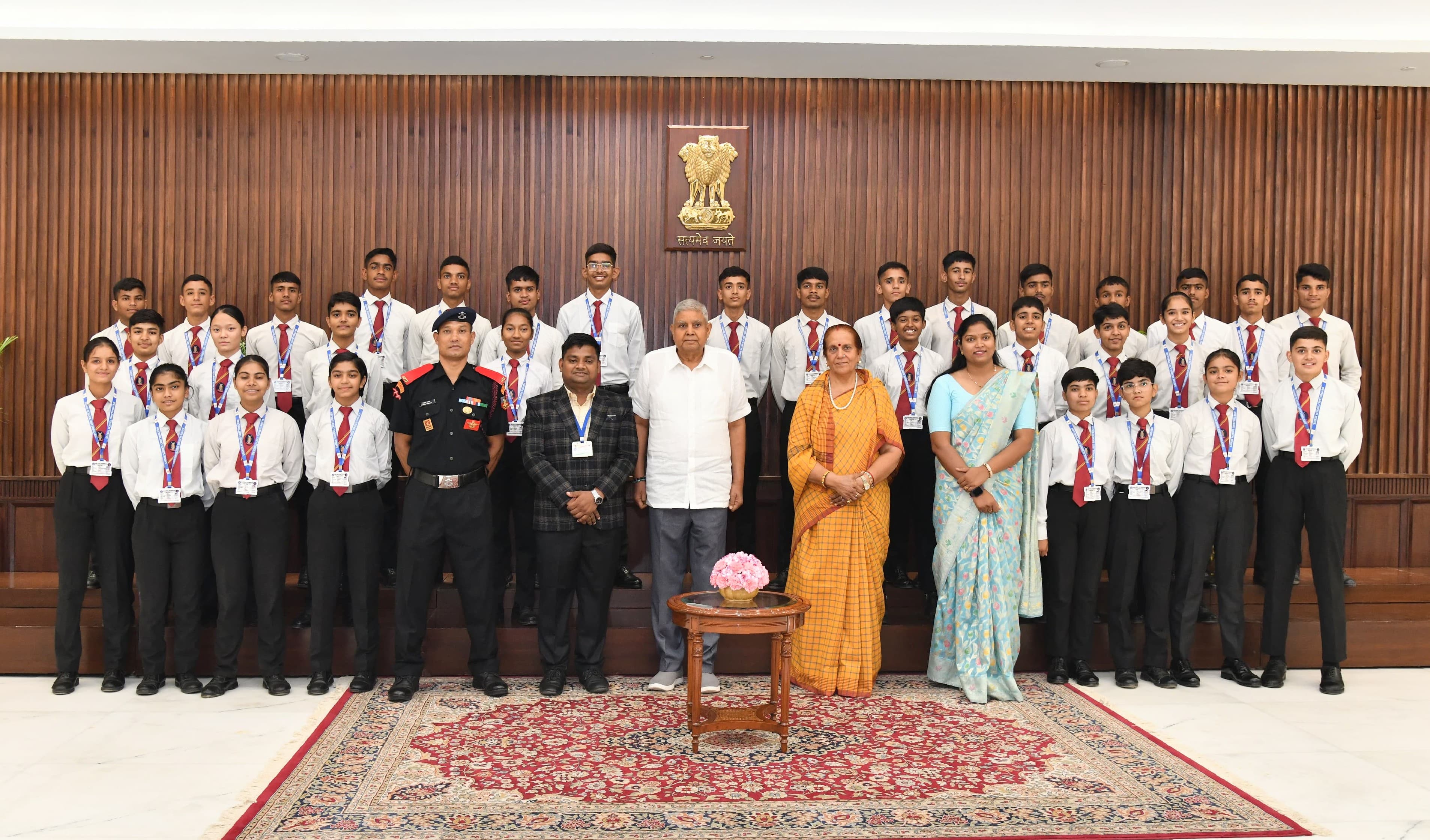 The Vice-President, Shri Jagdeep Dhankhar, in a group photograph with the students of Sainik School, Chittorgarh at the Vice-President's Enclave in New Delhi on June 5, 2025. 