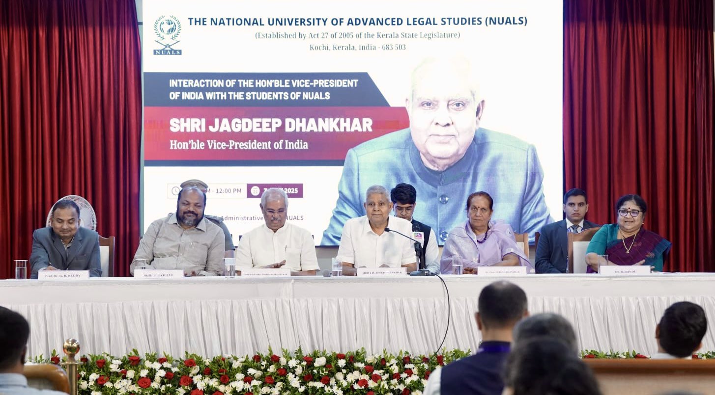 The Vice-President, Shri Jagdeep Dhankhar interacting with the students and faculty members of National University of Advanced Legal Studies (NUALS) in Kochi, Kerala on July 7, 2025.
