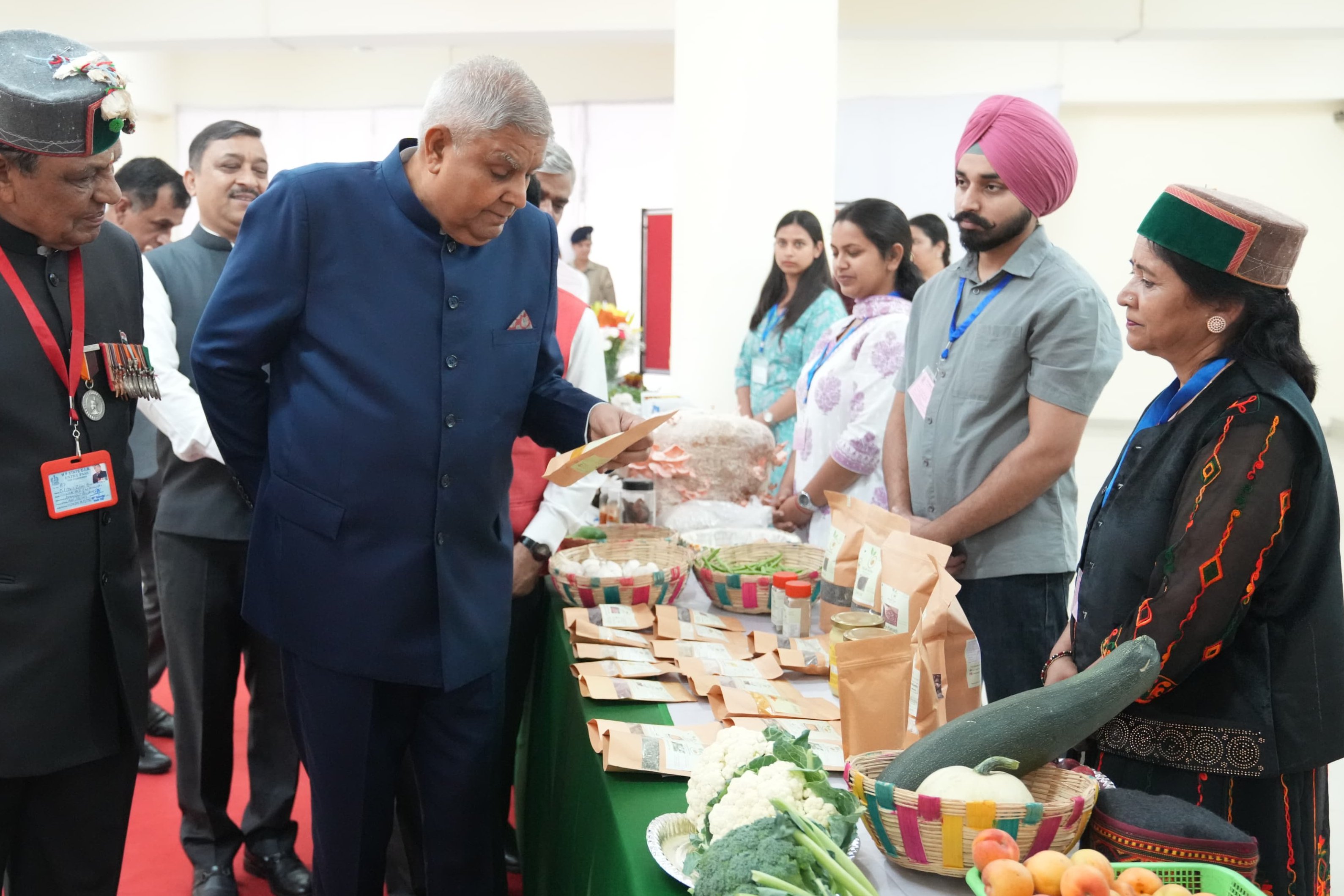 The Vice-President, Shri Jagdeep Dhankhar visiting an exhibition by various farmer producer organisations and start-ups at the premises of Dr. YS Parmar University of Horticulture & Forestry, Solan, Himachal Pradesh on June 7, 2025.