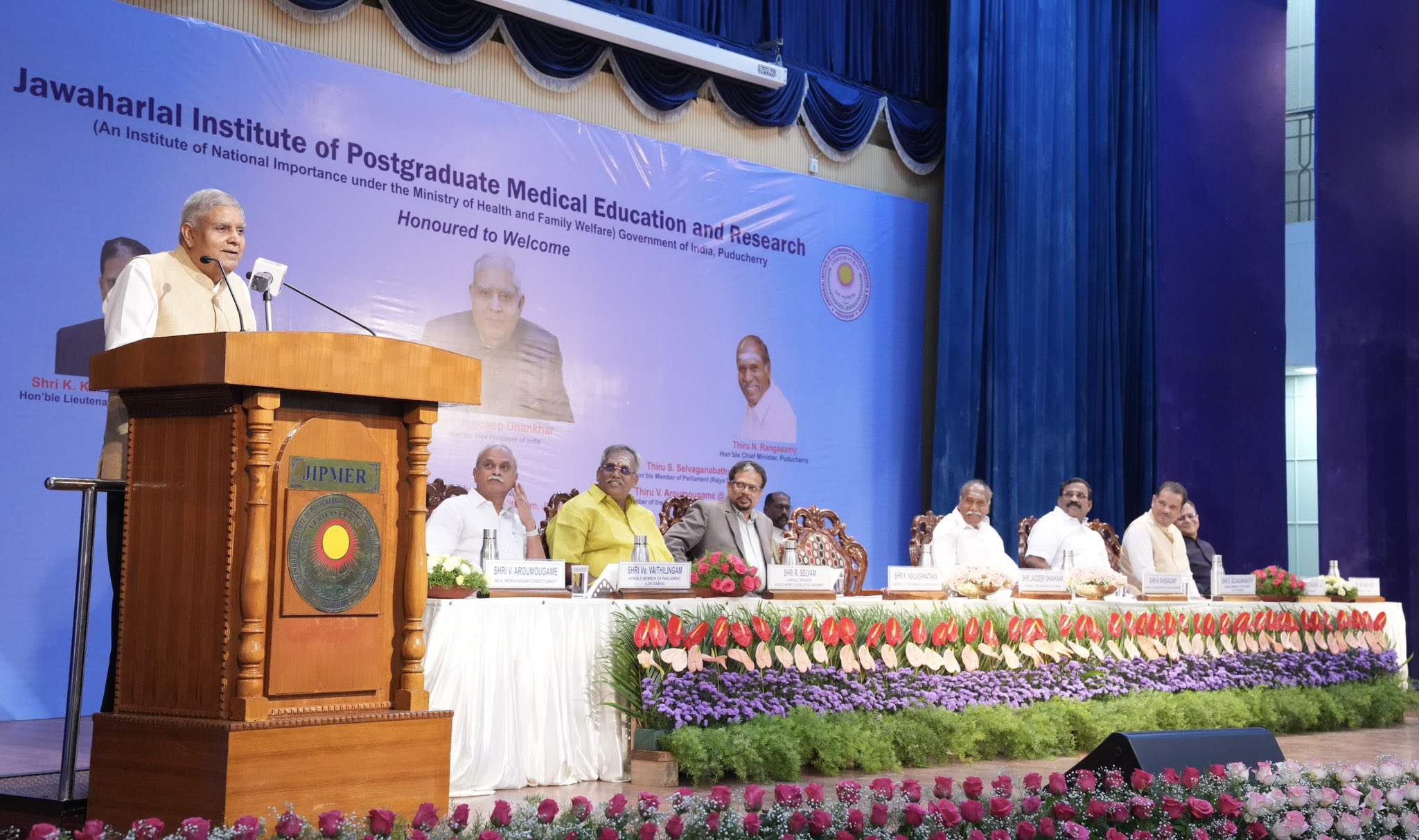 The Vice-President, Shri Jagdeep Dhankhar addressing the students and faculty members of the Jawaharlal Institute of Postgraduate Medical Education and Research (JIPMER) in Puducherry on June 16, 2025.