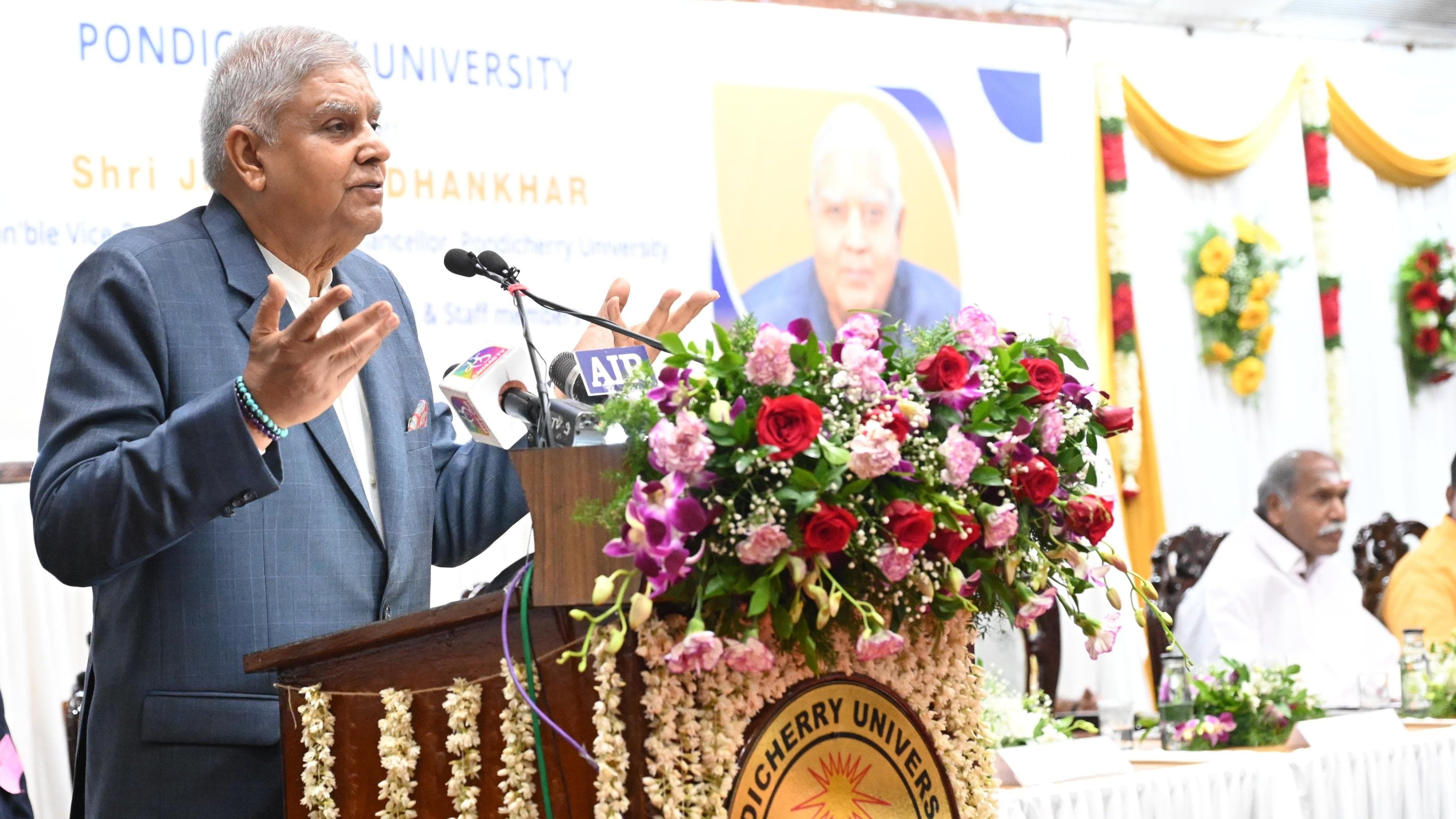 The Vice-President, Shri Jagdeep Dhankhar, and Chancellor of Pondicherry University, addressing the students and faculty members of the University at Puducherry on June 17, 2025.