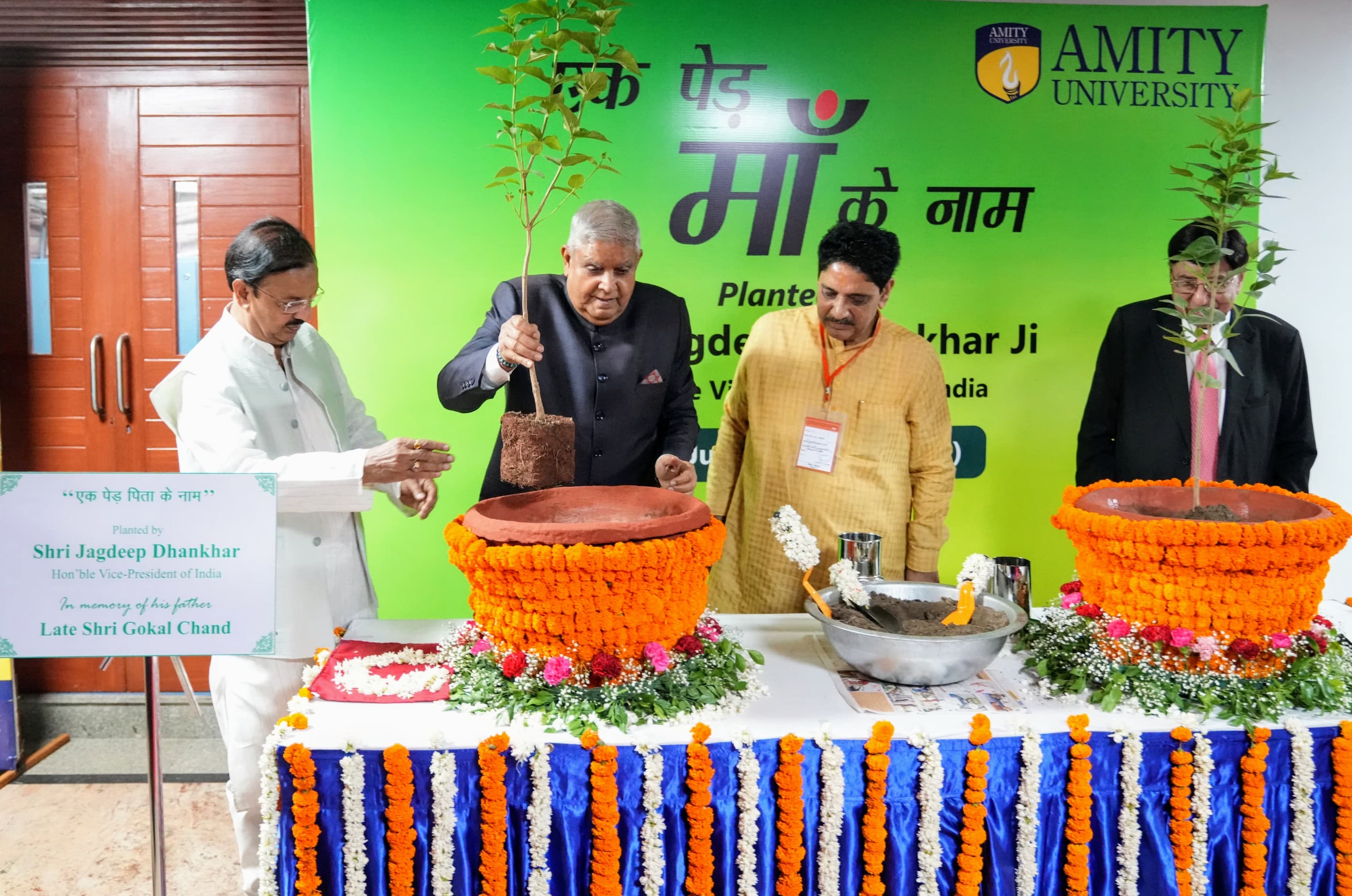  The Vice-President, Shri Jagdeep Dhankhar planting saplings at the premises of Amity University in Uttar Pradesh on June 23, 2025.
